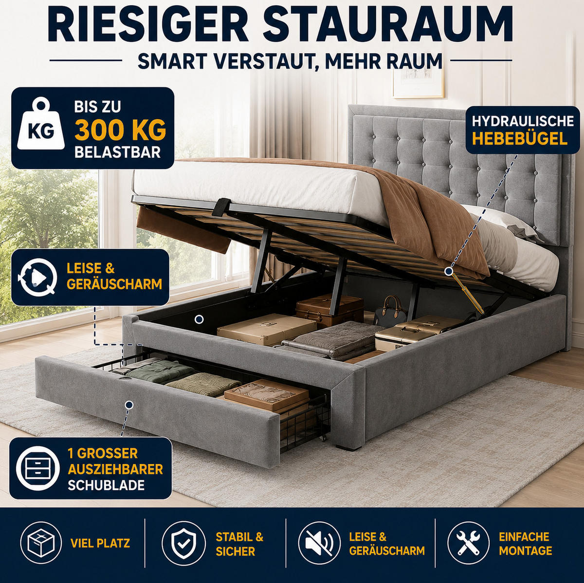 POLSTERBETT aus Samt 180x200 cm Grau mit höhenverstellbarem Kopfteil und Stauraum - Grau, Textil (180/200cm) - Modfu
