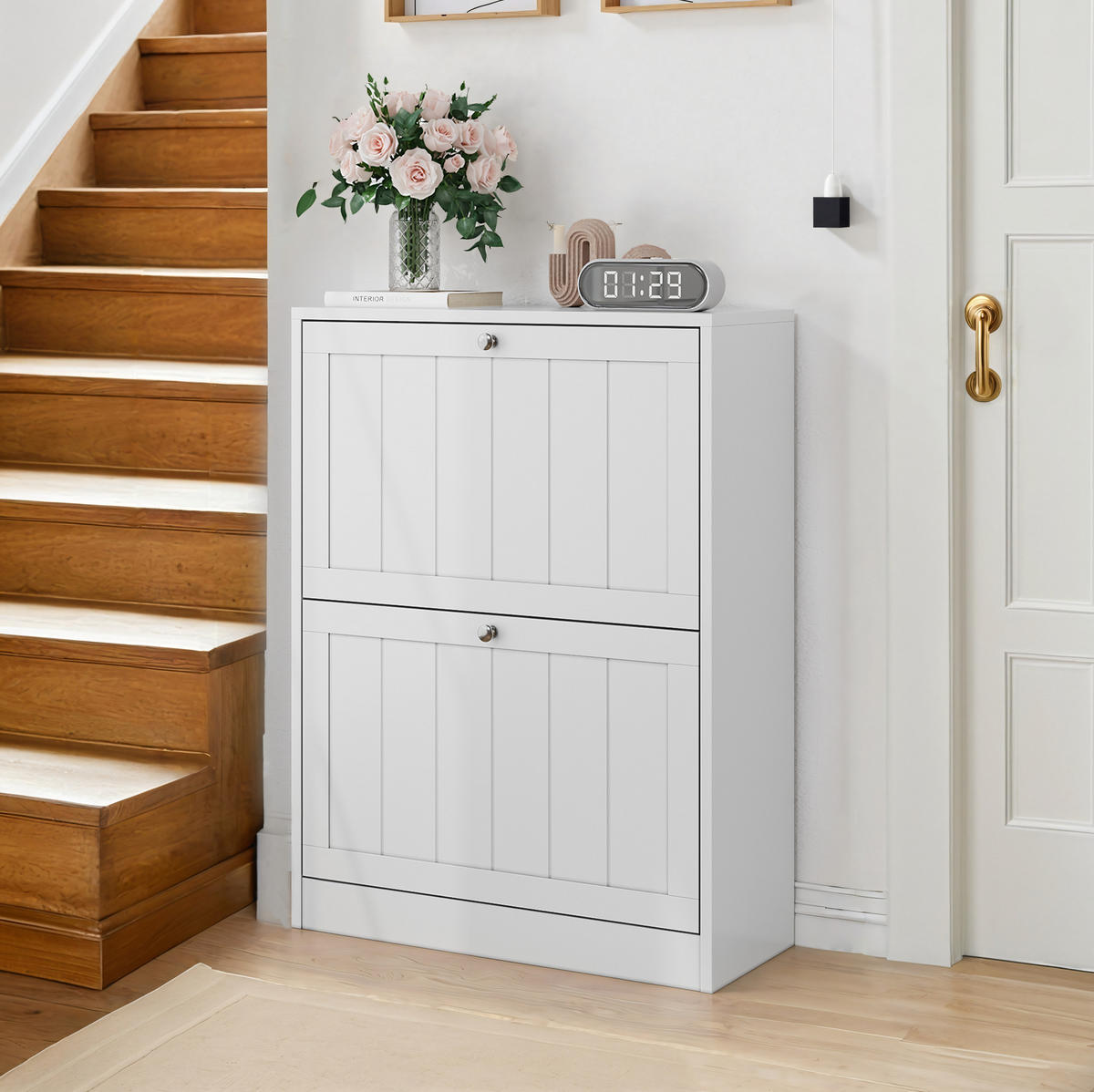 SCHUHSCHRANK mit Klappen in Weiß, schmales Design mit 2 Klappen - Weiß, Holzwerkstoff (60/80/24cm) - BEAOK