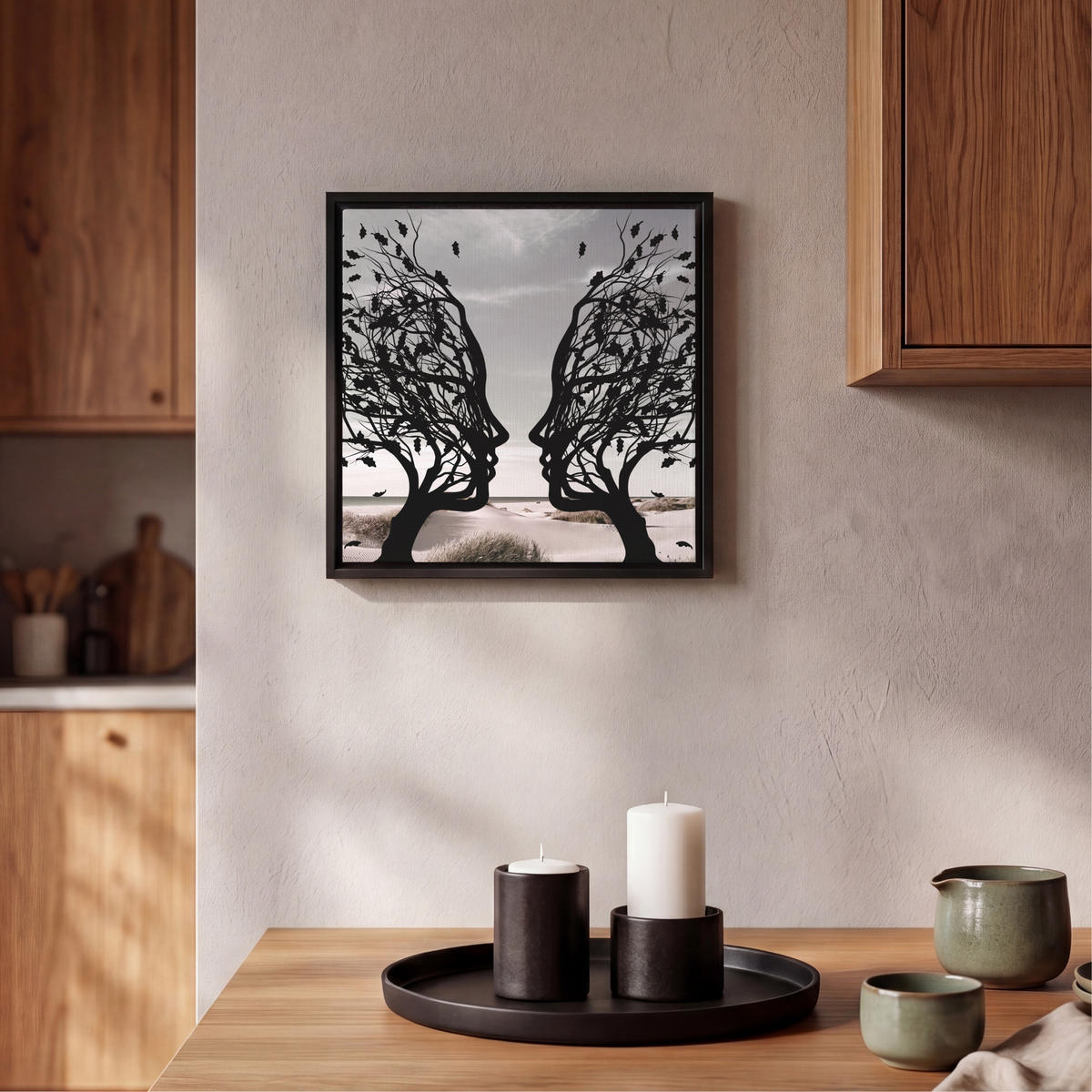 LEINWAND Bilder mit Rahmen - Strand - Meer - Menschen - Baum - Moderne Kunst - 20x20 - Hellgrau, Textil (20/20cm) - MuchoWow