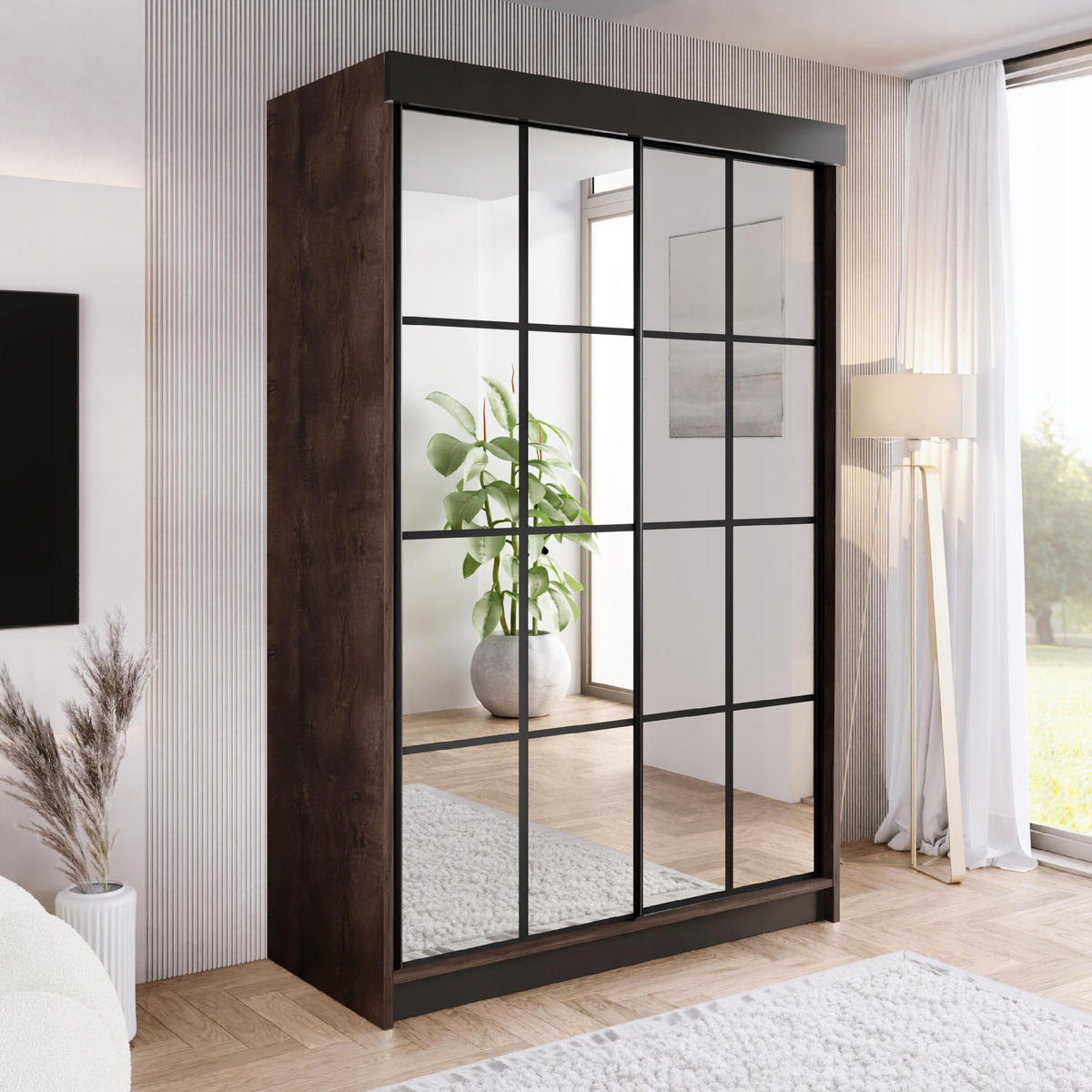 SCHIEBETÜRENSCHRANK ARI 2 mit Spiegel 150 - Dunkle Esche - Eschefarben, Holzwerkstoff (150/200/62cm) - Kier Furniture