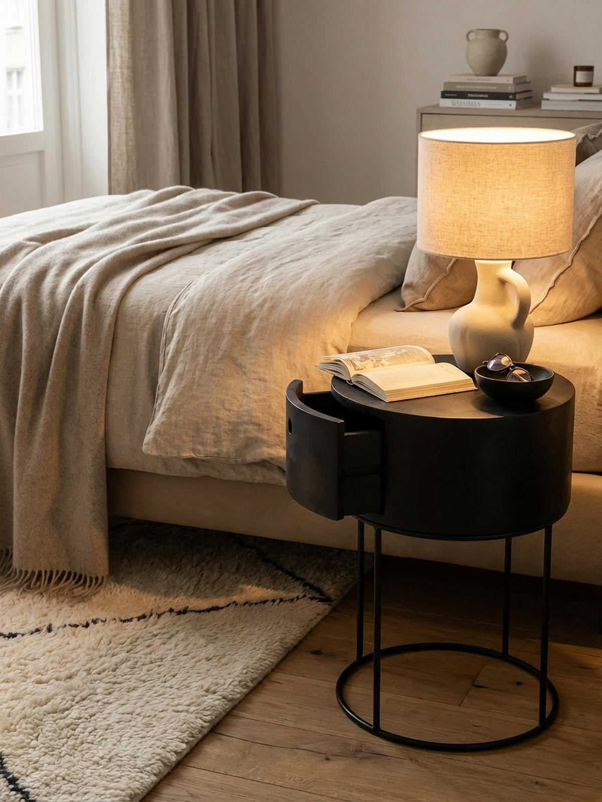 NACHTKONSOLE Massivholz mit Schublade rund Modern Schwarz - Schwarz, Holz/Metall (40/60/40cm) - KADIMA DESIGN