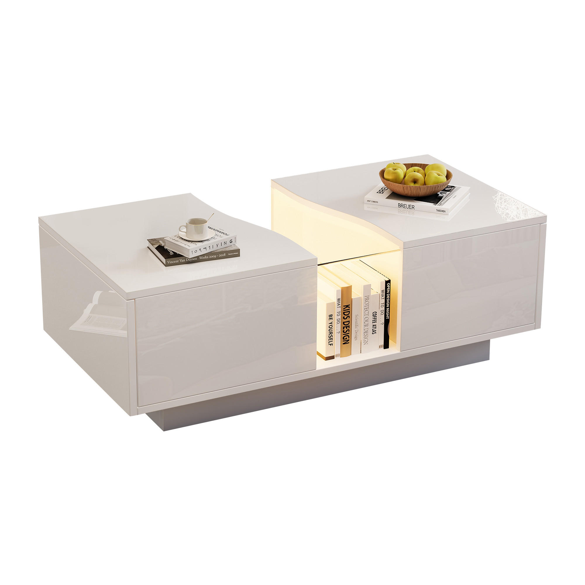 COUCHTISCH 100/50/35 cm Weiß Hochglanz mit 2 Schubladen und LED-Beleuchtung - Weiß, Holzwerkstoff (100/50/35cm) - OKWISH