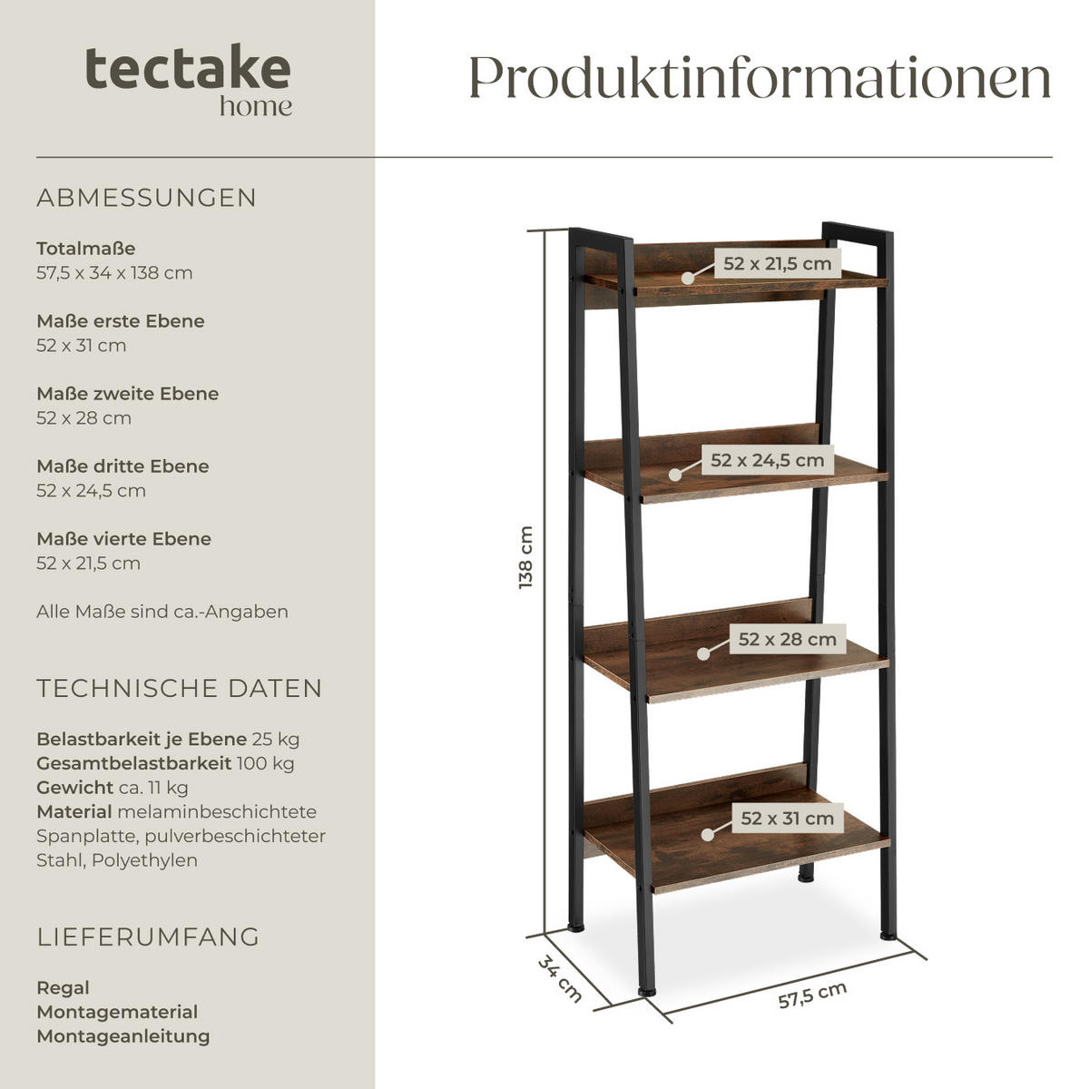 LEITERREGAL Chatham,inklusive Kippschutz, 57,5 x 34 x 138 cm,Industrial Holz dunkel, rustikal - Rostfarben, Holzwerkstoff (34/138/57.5cm) - tectake