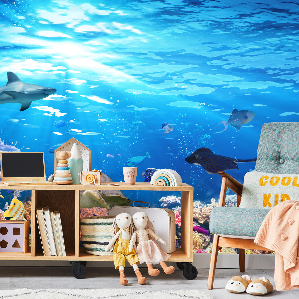 FOTOTAPETE für Badezimmer Korallenriff Schildkröte Hai Fisch 200x140 - Blau/Gelb, Papier (200/140cm) - Muralo