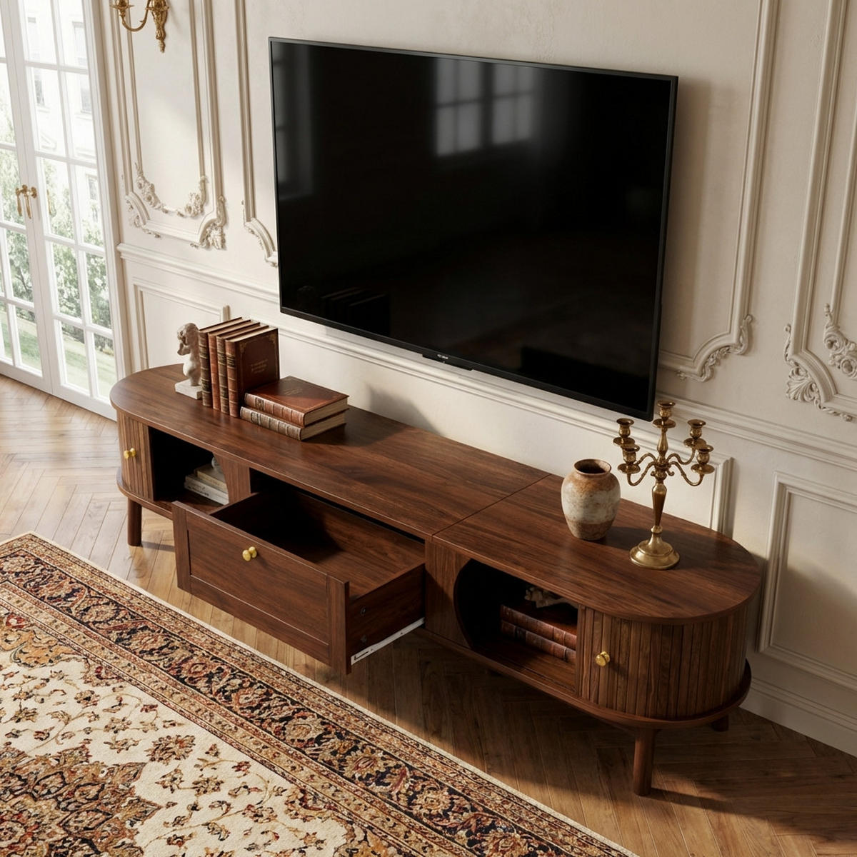 TV-STOLIK in Nussbaum-Optik, Fernsehschrank s Schiebetüren - biela, kompozitné drevo (170/38/40cm) - Urban Meuble