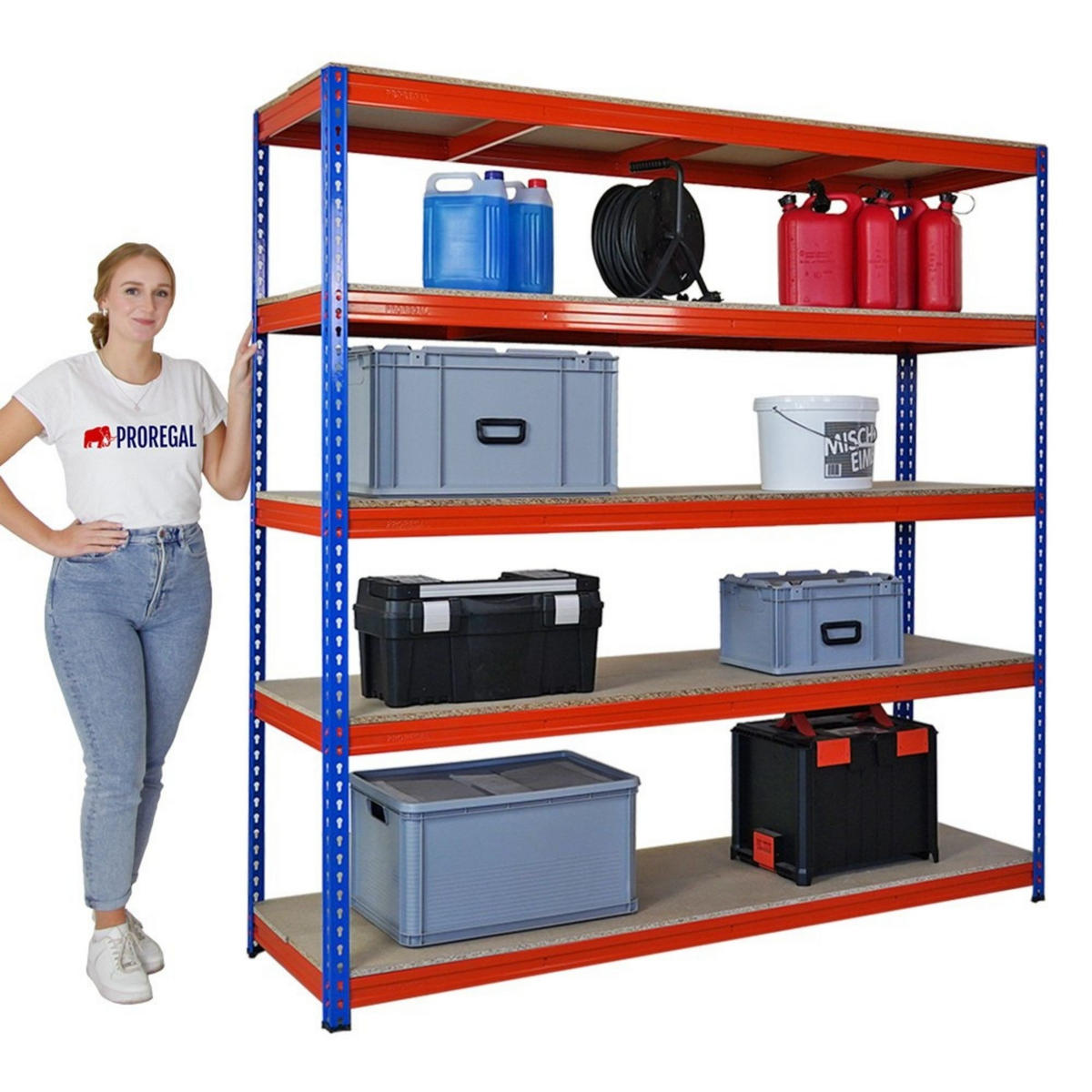 SCHWERLASTREGAL Bison 200x200x60 cm 5 Spanplatten-Ebenen 16mm Fachlast 600 kg Blau-Orange - Blau, Metall (200/200/60cm) - PROREGAL