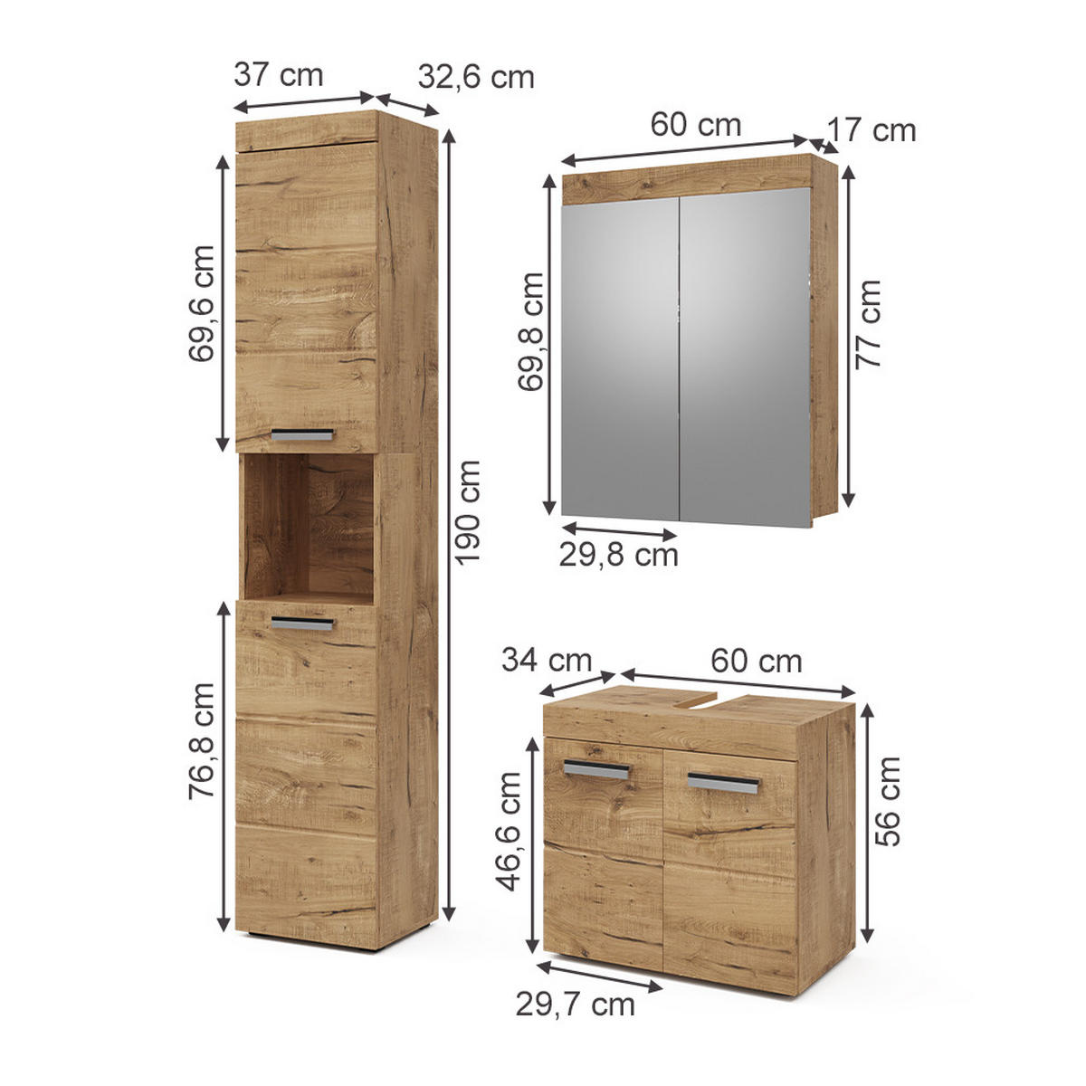 BADMÖBEL-SET Luna Eiche Wotan 3 Teile, mit Hochschrank - Eiche Wotan, Holzwerkstoff (60/56/34cm) - Vicco