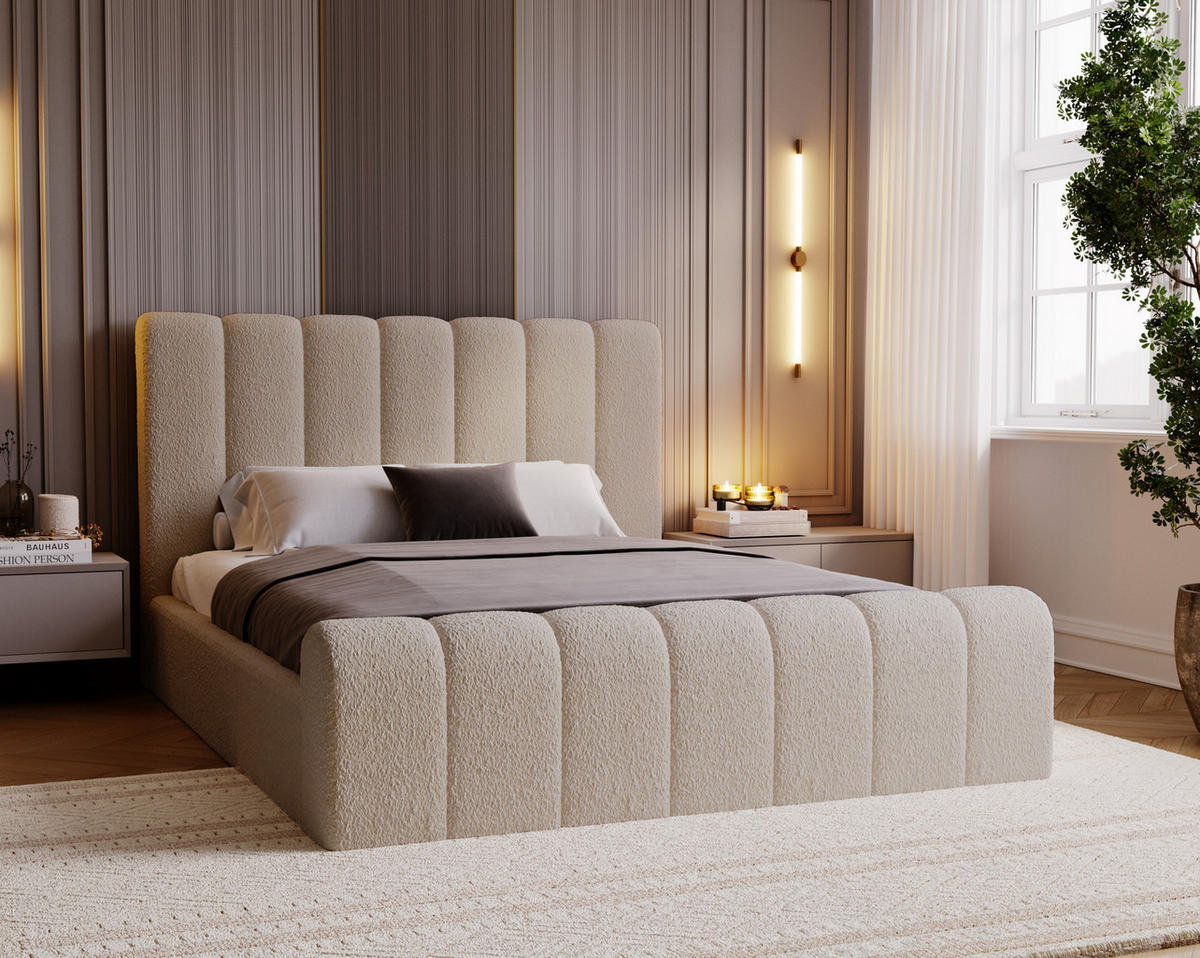 POLSTERBETT 140x200 Valetta mit Bettkasten, Bouclé Beige - Beige, Holz/Textil (140/200cm) - Emporius