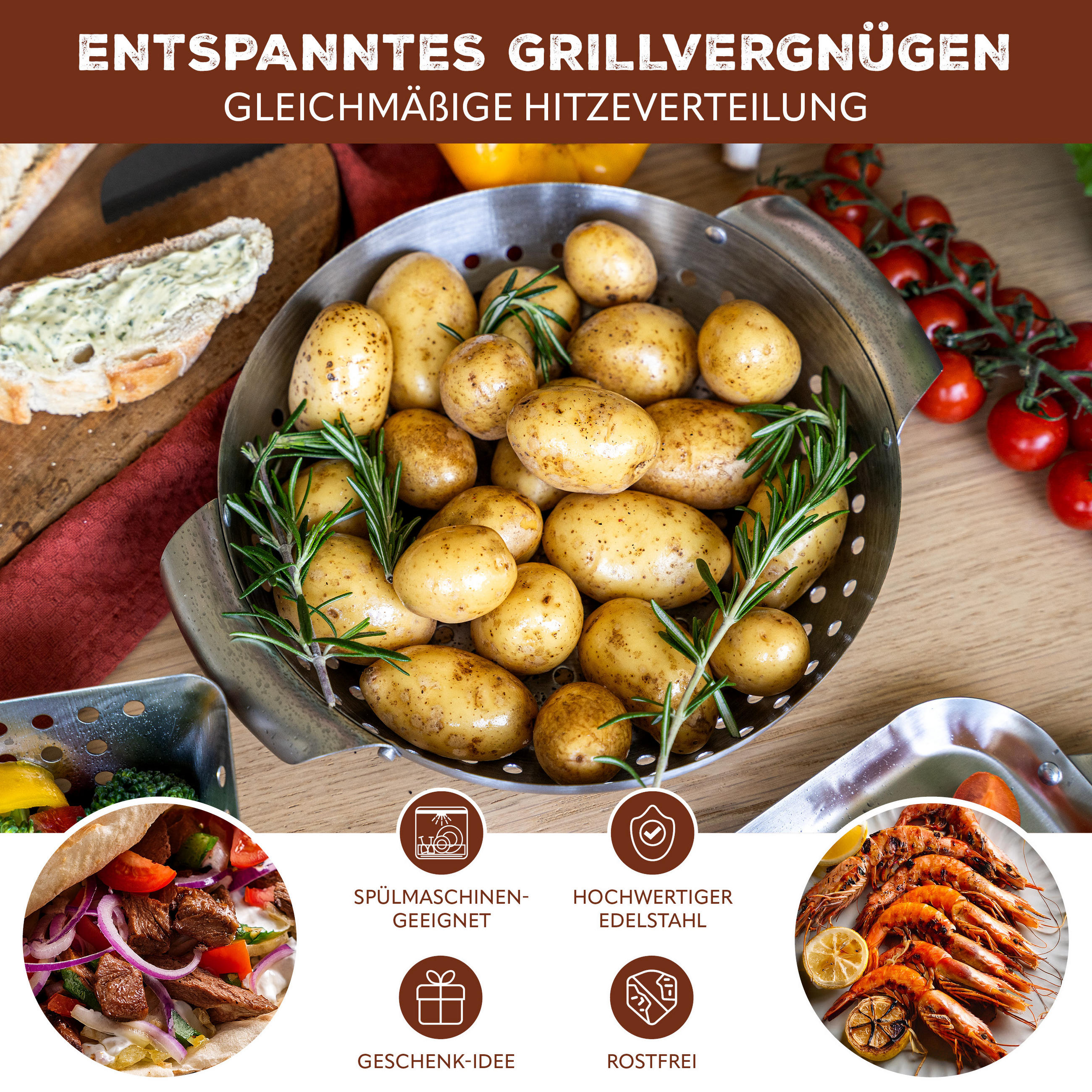 GRILLKORB, rund Edelstahl matt - Edelstahlfarben, Metall (22.5/27/6cm) - bremermann