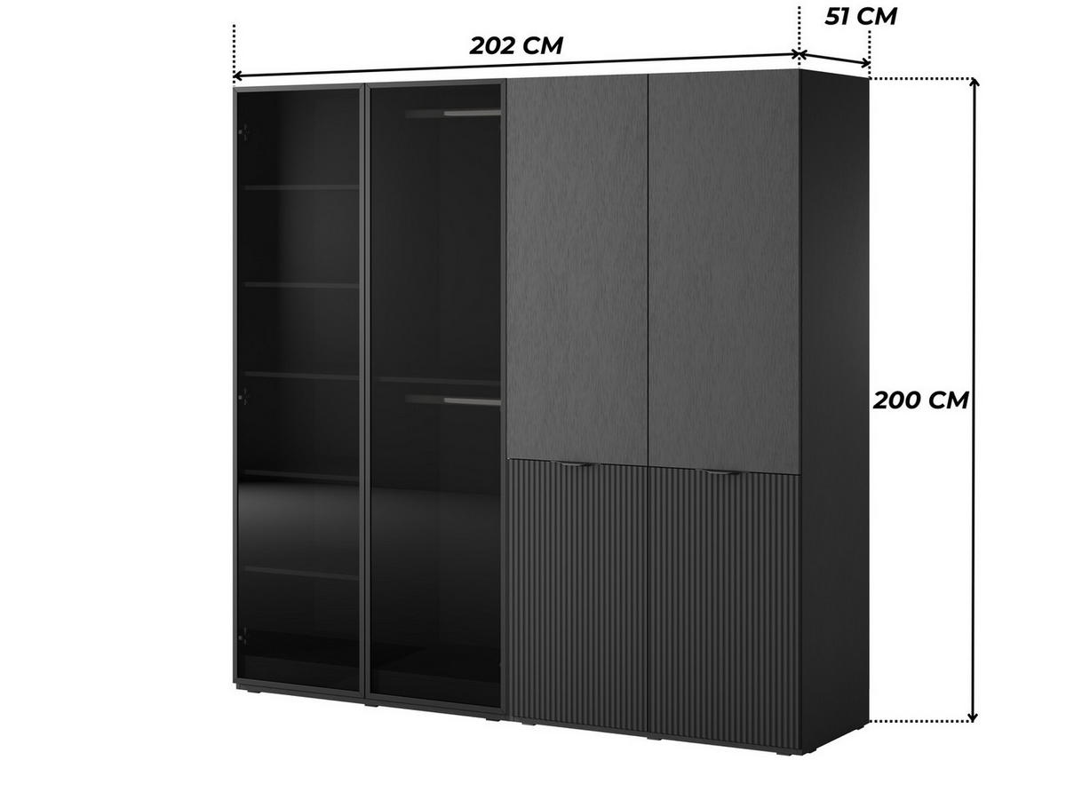 KLEIDERSCHRANK ZEN (Modular, Schwarz Matt, Schwarz & Getöntes Glas Antisol, 4-türig) - Schwarz, Holz/Holzwerkstoff (202/200/51cm) - Ravio