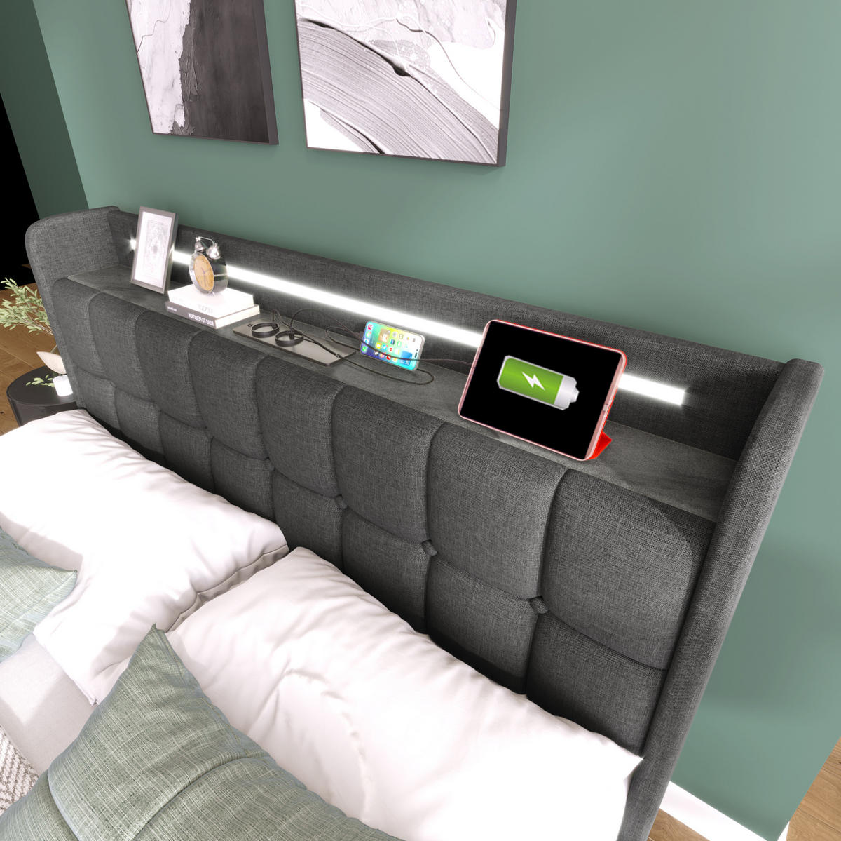 POLSTERBETT mit USB, LED und 2 Schubladen 90x200 cm Grau inkl. Matratze - Grau, Holz (90/200cm) - Meubliv