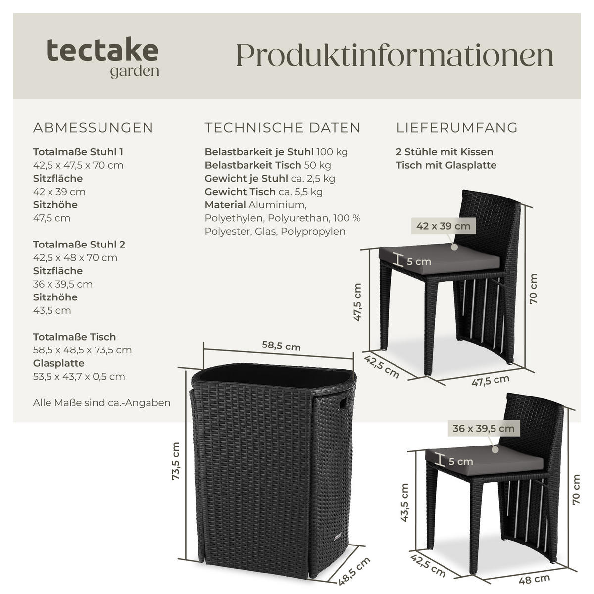 RATTANSET Hamburg,zusammenschiebbar,schwarz - Schwarz, Kunststoff - tectake