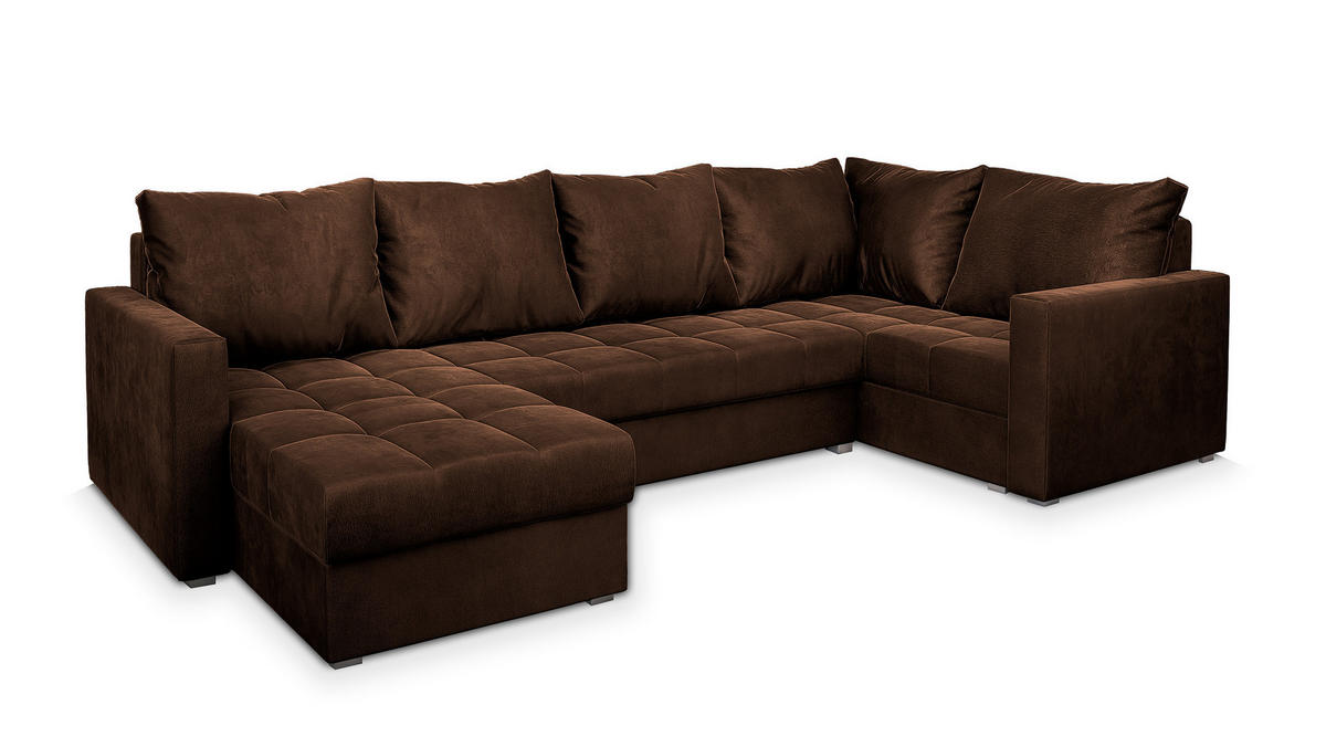 WOHNLANDSCHAFT LORIVO L-S Braun Plüsch-Stoff mit Schlaffunktion - Braun, Holz (285/85/150cm) - MASSENO