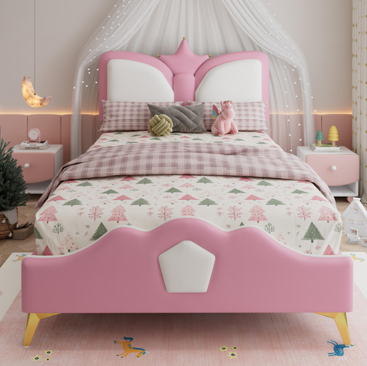 POLSTERBETT 90/200 cm Rosa+Weiß aus PU mit Kronen-Kopfteil - Rosa, Kunststoff (90/200cm) - OKMYHOME