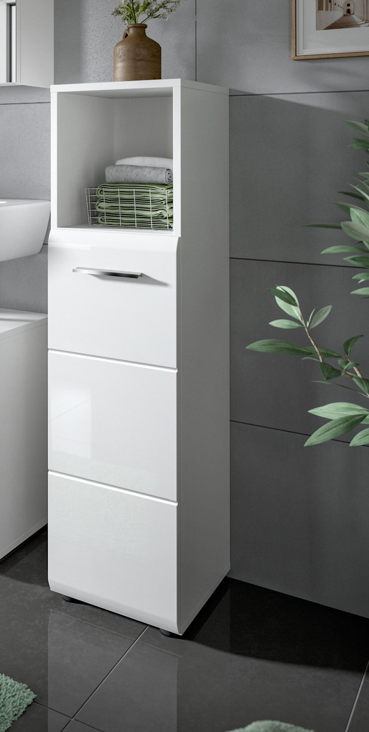 BADKOMMODE weiß Hochglanz, Badezimmer Kommode 30 cm - Weiß Hochglanz/Silberfarben, Holzwerkstoff/Kunststoff (30/110/30cm) - Inn.Furn