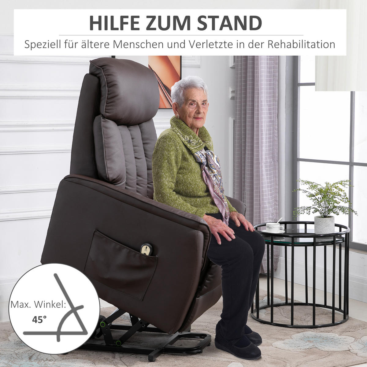 AUFSTEHSESSEL mit Aufstehhilfe Fernsehsessel Liegefunktion Kunstleder Braun - Schwarz/Braun, Leder/Kunststoff (94/104/80cm) - HOMCOM