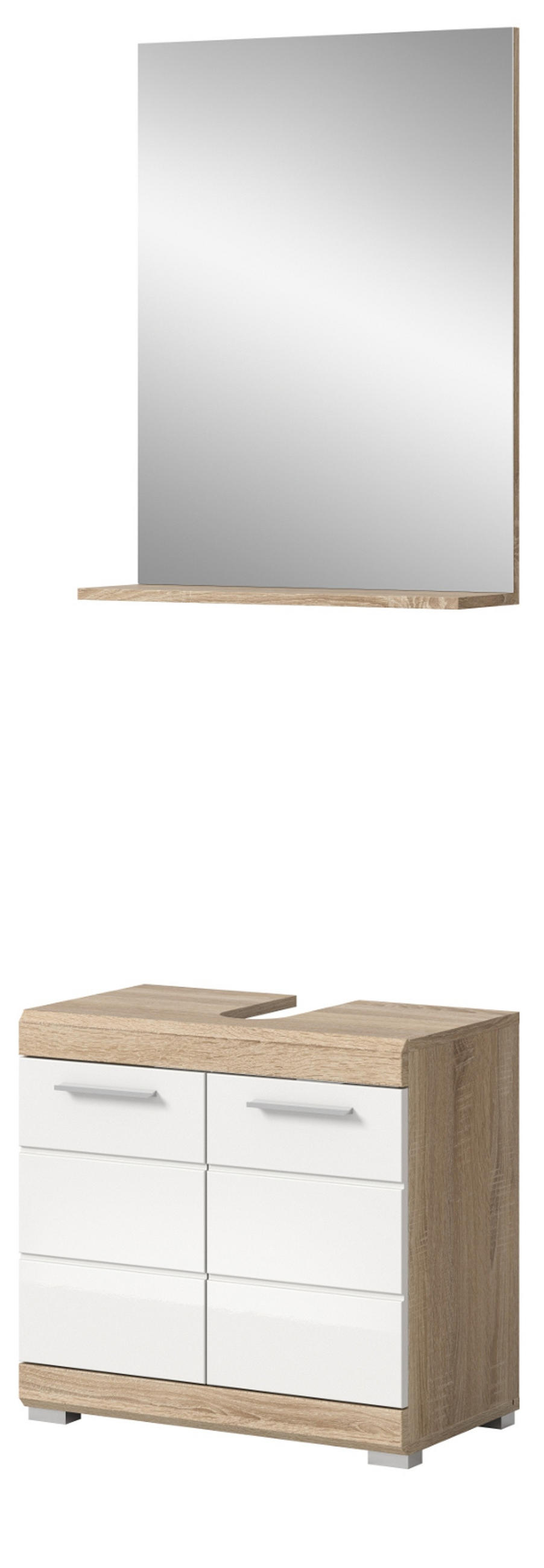 BADMÖBEL-SET weiß Hochglanz, Eiche 2-teilig 60 cm, Kombination mit Spiegel - Weiß Hochglanz/Eichefarben, Holzwerkstoff (60/191/34cm) - Inn.Furn