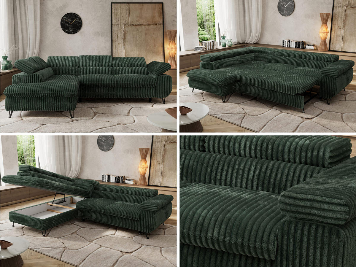 ECKSOFA PABLO L Grün Cord - Links Seite mit Visco Topper - Schwarz/Grün, Textil/Metall (208/273cm) - MKS