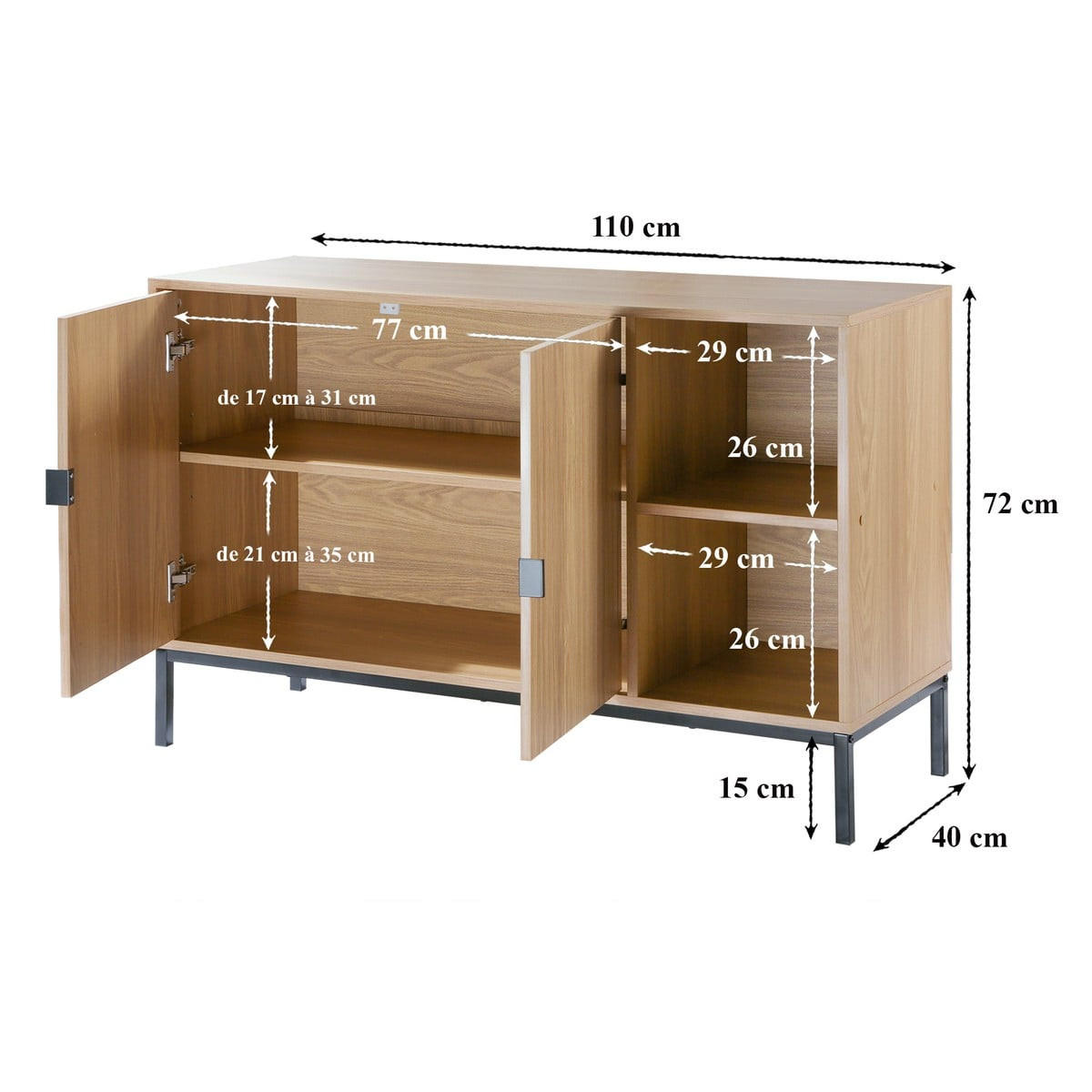 SIDEBOARD mit 2 türen und 2 offenen fächern in holzrillenoptik tara 40/72/110 cm - Eschefarben, Holzwerkstoff (110/72/46cm) - Calicosy
