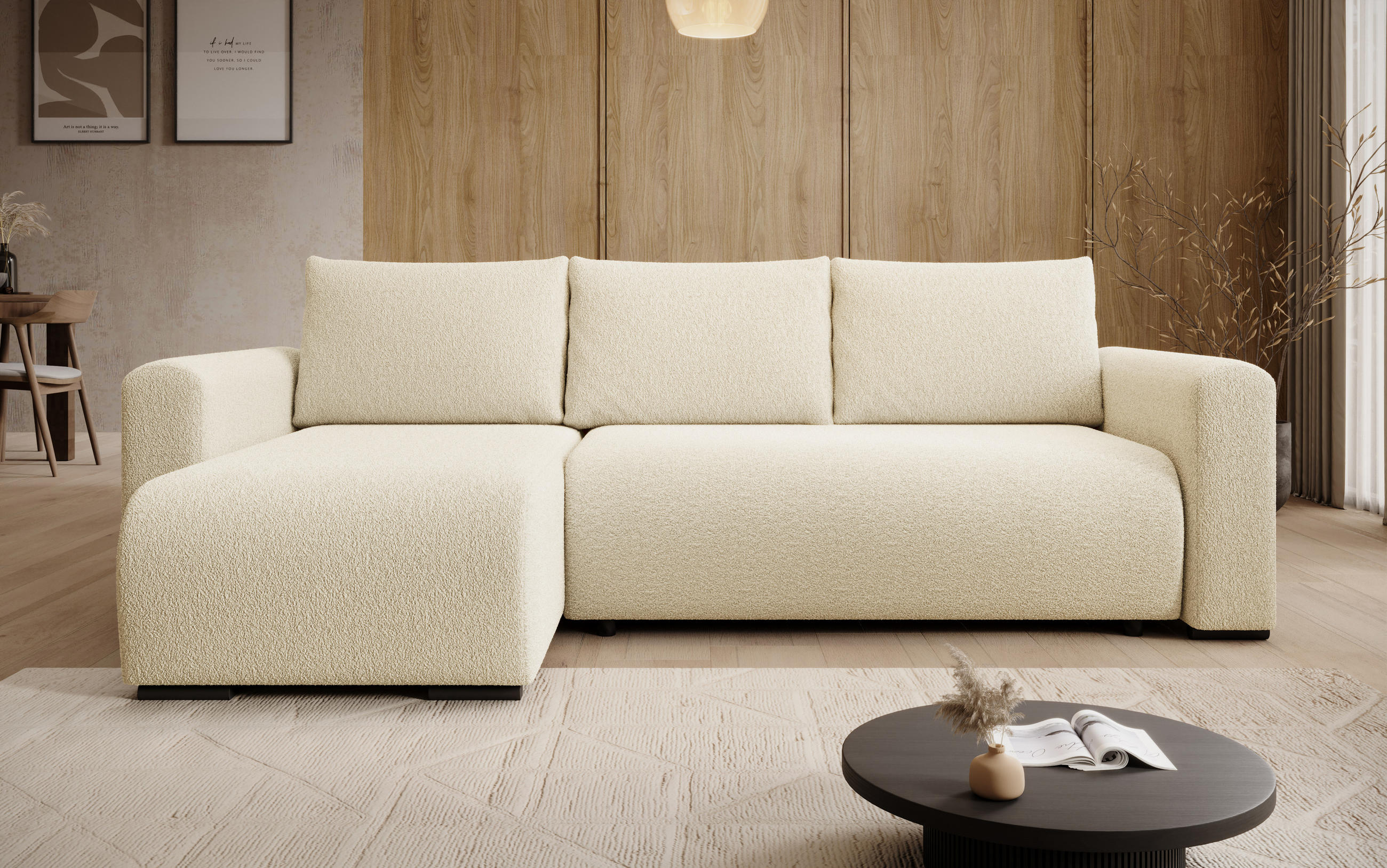 ECKSOFA DORA L, Eckcouch in L-Form mit Schlaffunktion und Bettkasten, Farbe: Beige, Bouclé-Stoff, Ottomane Links - Beige, Textil (240/143cm) - Storez24