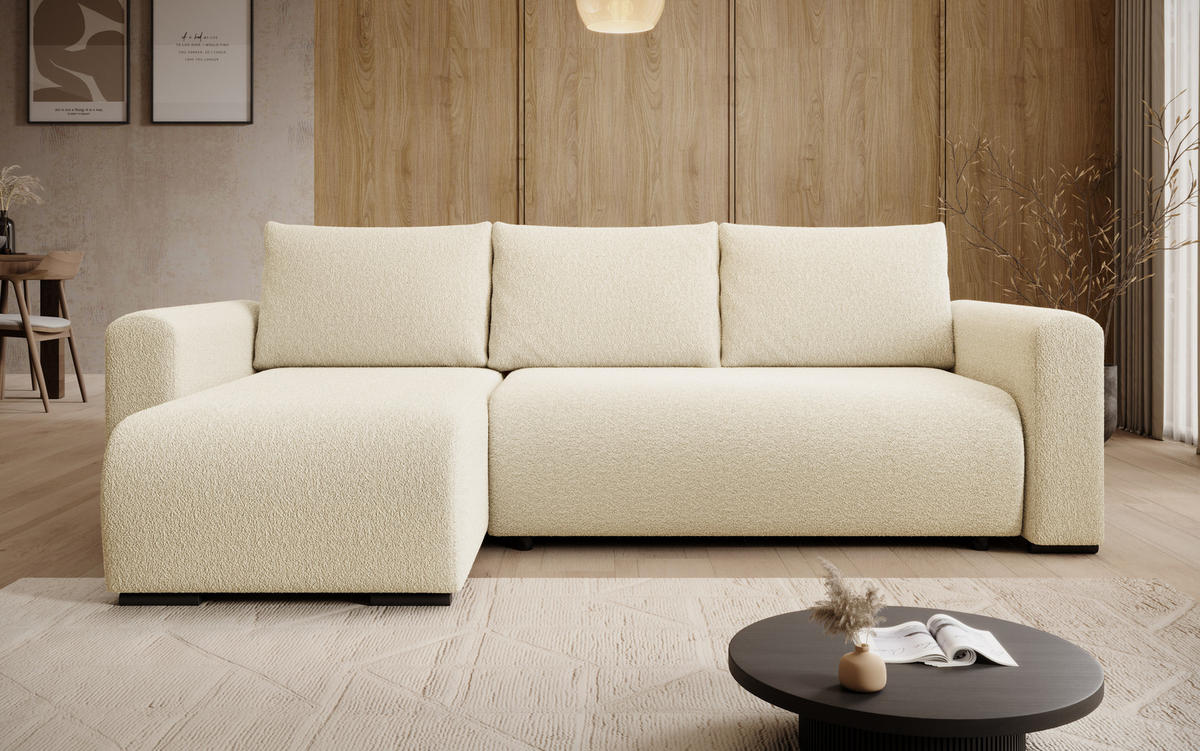 ECKSOFA DORA L, Eckcouch in L-Form mit Schlaffunktion und Bettkasten, Farbe: Beige, Bouclé-Stoff, Ottomane Links - Beige, Textil (240/143cm) - Storez24