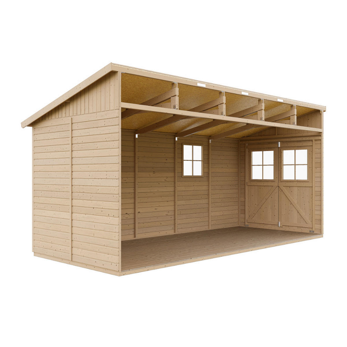 HOLZ-GARTHENHAUS (ohne Seitenwand) MIT IMPRÄGNIERTEM BODEN - H244x211x514 cm/10 m2 - M341+M341G - Beige, Holz (216/249/493cm) - Timbela