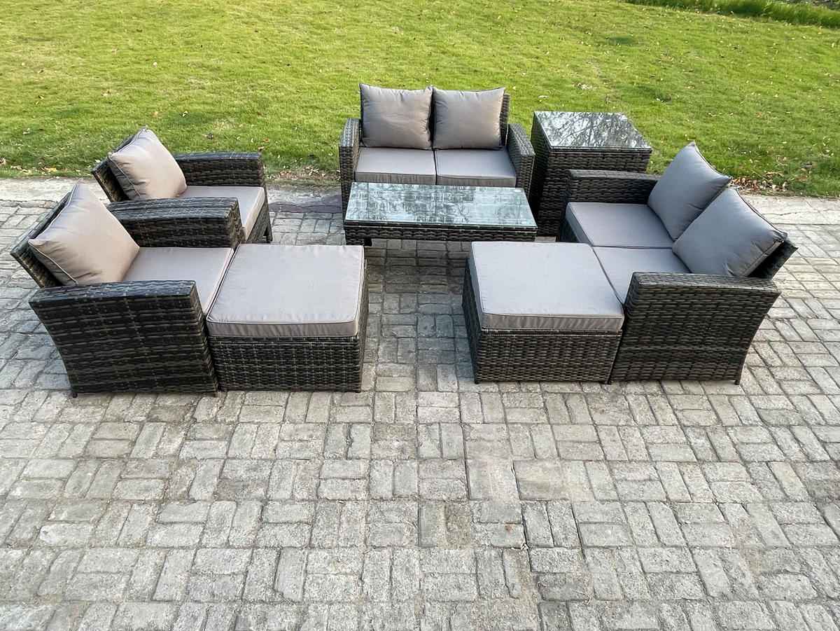 GARTENSOFA SET mit Couchtisch Polyrattan Dunkelgrau 8-Sitzer - Dunkelgrau, Metall - Fimous
