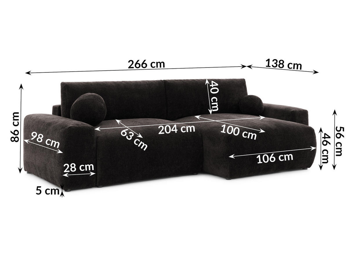 ECKSOFA Puffy mit Schlaffunktion und Bettkasten - besonders weich und puffig aus Braun Stoff mit Chenillestruktur - Ottomane rechts - Schwarz/Braun, Holz/Kunststoff (266/138cm) - S-Style Möbel