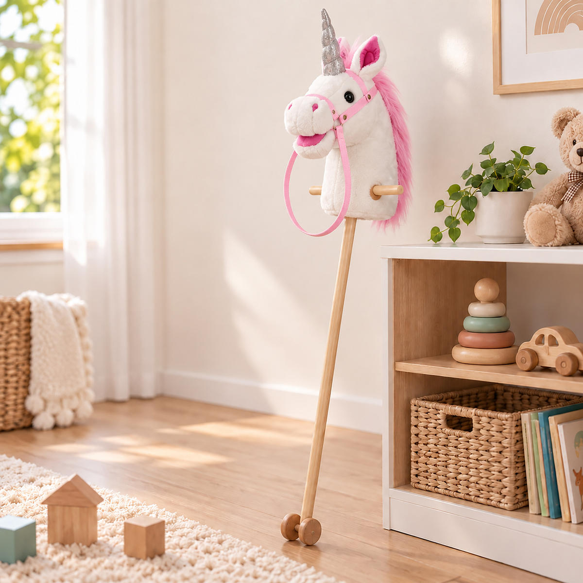 STECKENPFERD Weiß Rosa mit Sound Plüschkopf 95 cm - Weiß, Holz/Kunststoff (20/95/20cm) - Relaxdays