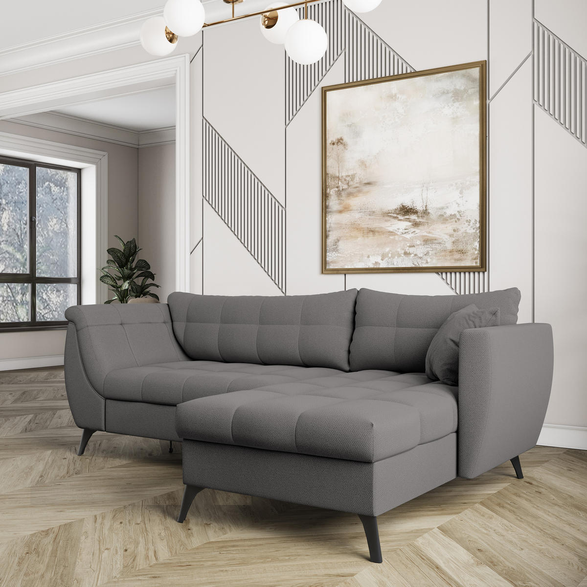 ECKSOFA MOLLIS Grau Geflochtener-Stoff mit Schlaffunktion - Grau, Holz (241/154cm) - MASSENO
