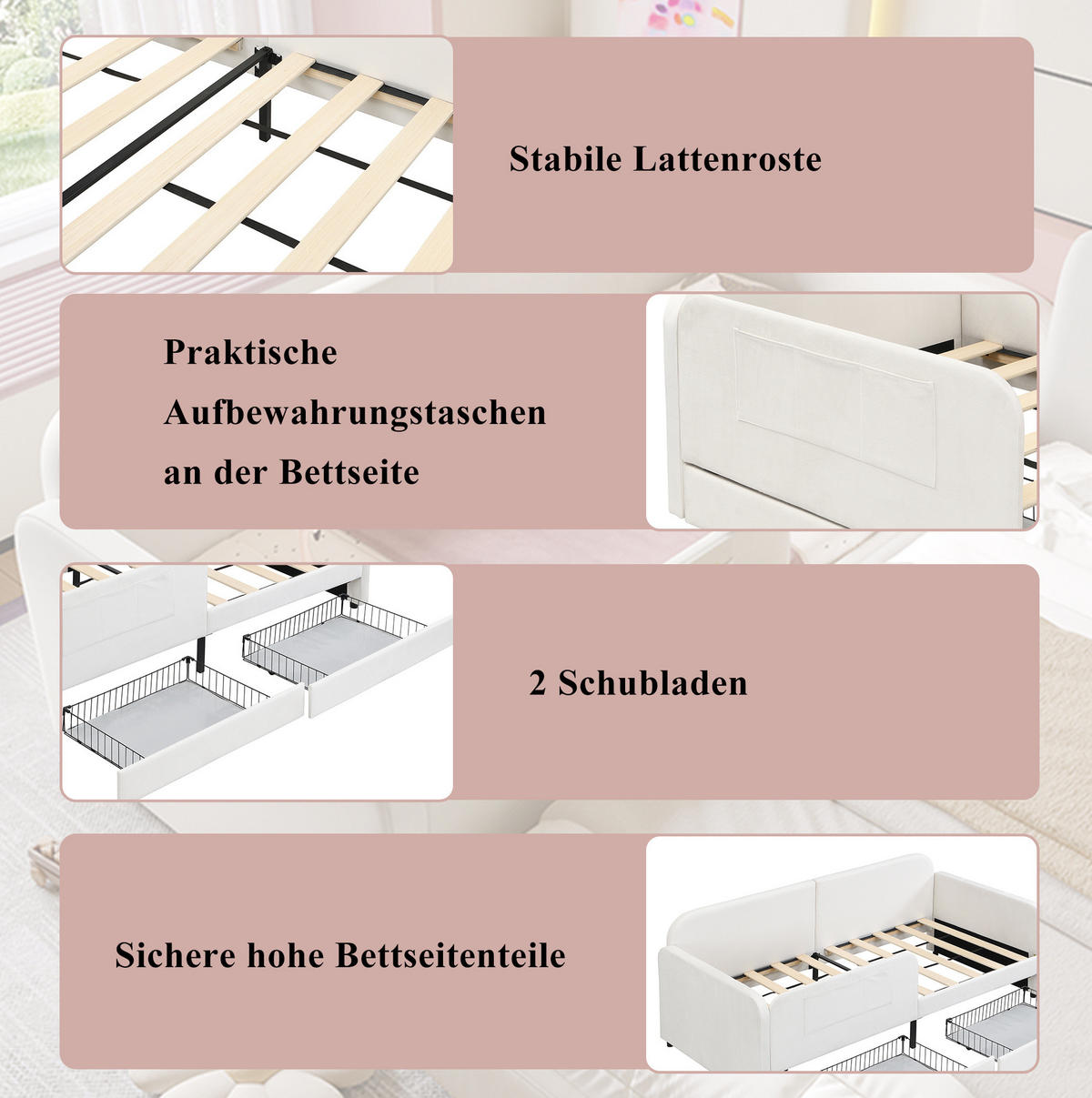 KINDERBETT 90/200 cm aus Samt mit 2 Schubladen, 3 Taschen und Metall-Lattenrost, Weiß - Weiß, Textil (90/200cm) - Redom