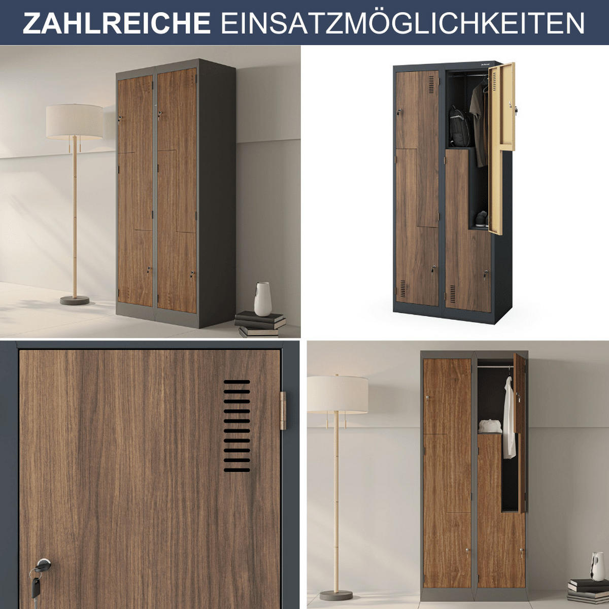 UMKLEIDESCHRANK Spind OSLO 4 Abteile 185x80x45cm Anthrazit-Nussbaum - Anthrazit, Metall (80/185/45cm) - DELUKE