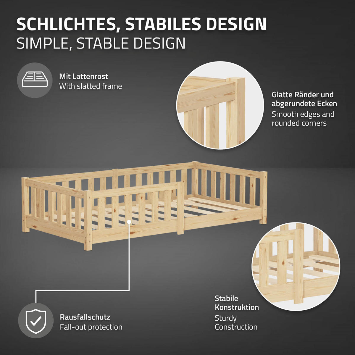 KINDERBETT 80x160 cm Natur aus Kiefernholz - Naturfarben, Holz (80/160cm) - ML-DESIGN