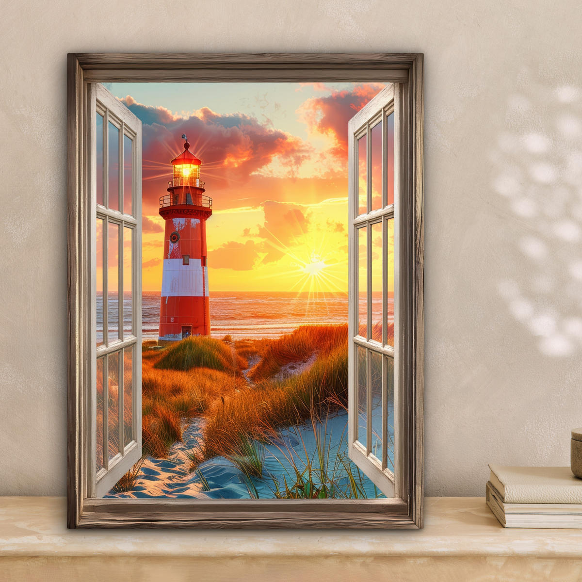 LEINWANDBILD Aussicht - Fenster - Leuchtturm - Sonnenuntergang - Strand 30x40 cm - Dunkelorange, Textil (30/40cm) - MuchoWow