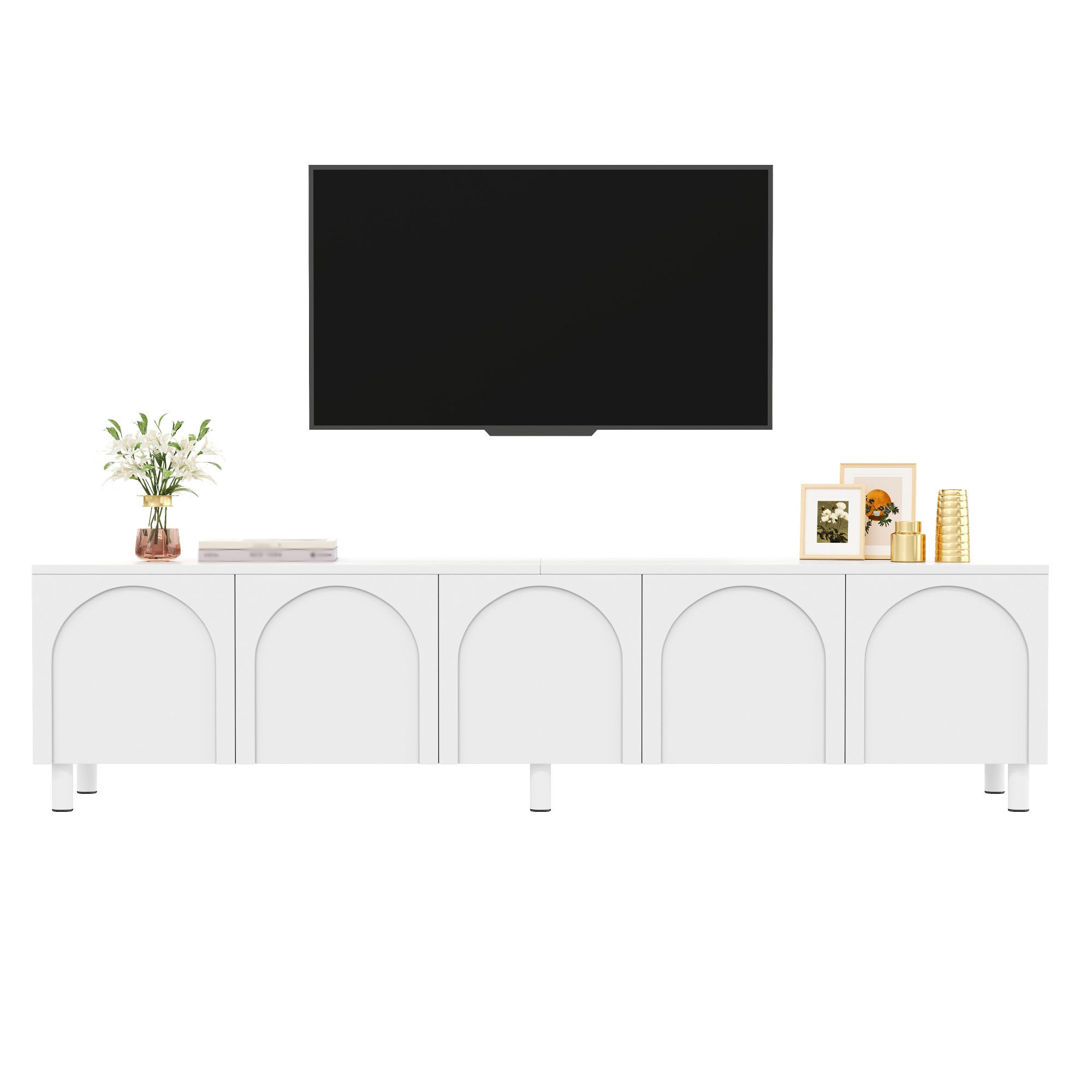 STILVORA TV STOLEK bílý s kovovými nohami a 5 dvířky, 180×38×45 cm, do obývacího pokoje