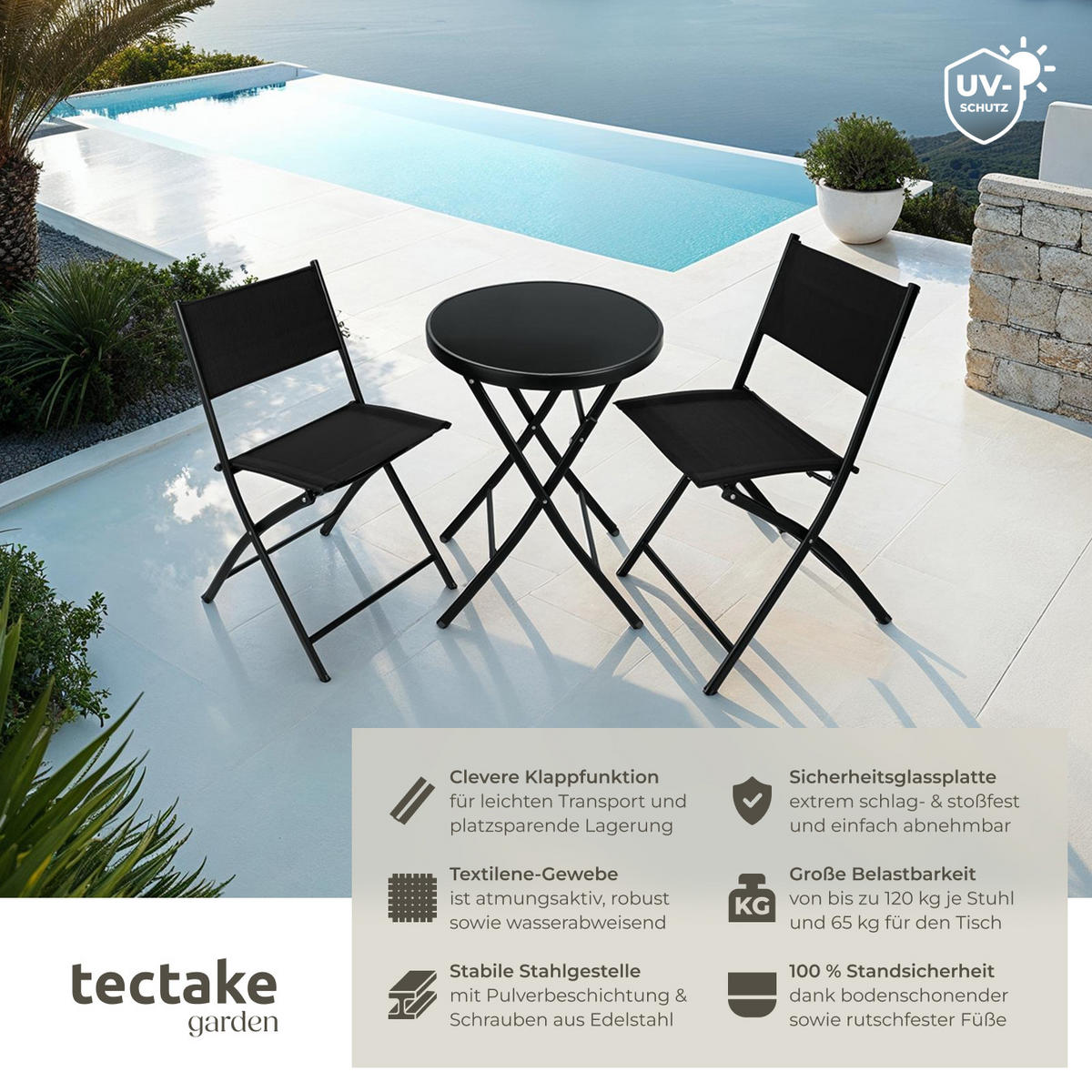 BISTRO-SET Düsseldorf,Tisch mit Sicherheitsglasplatte,schwarz - Schwarz, Naturmaterialien/Kunststoff - tectake