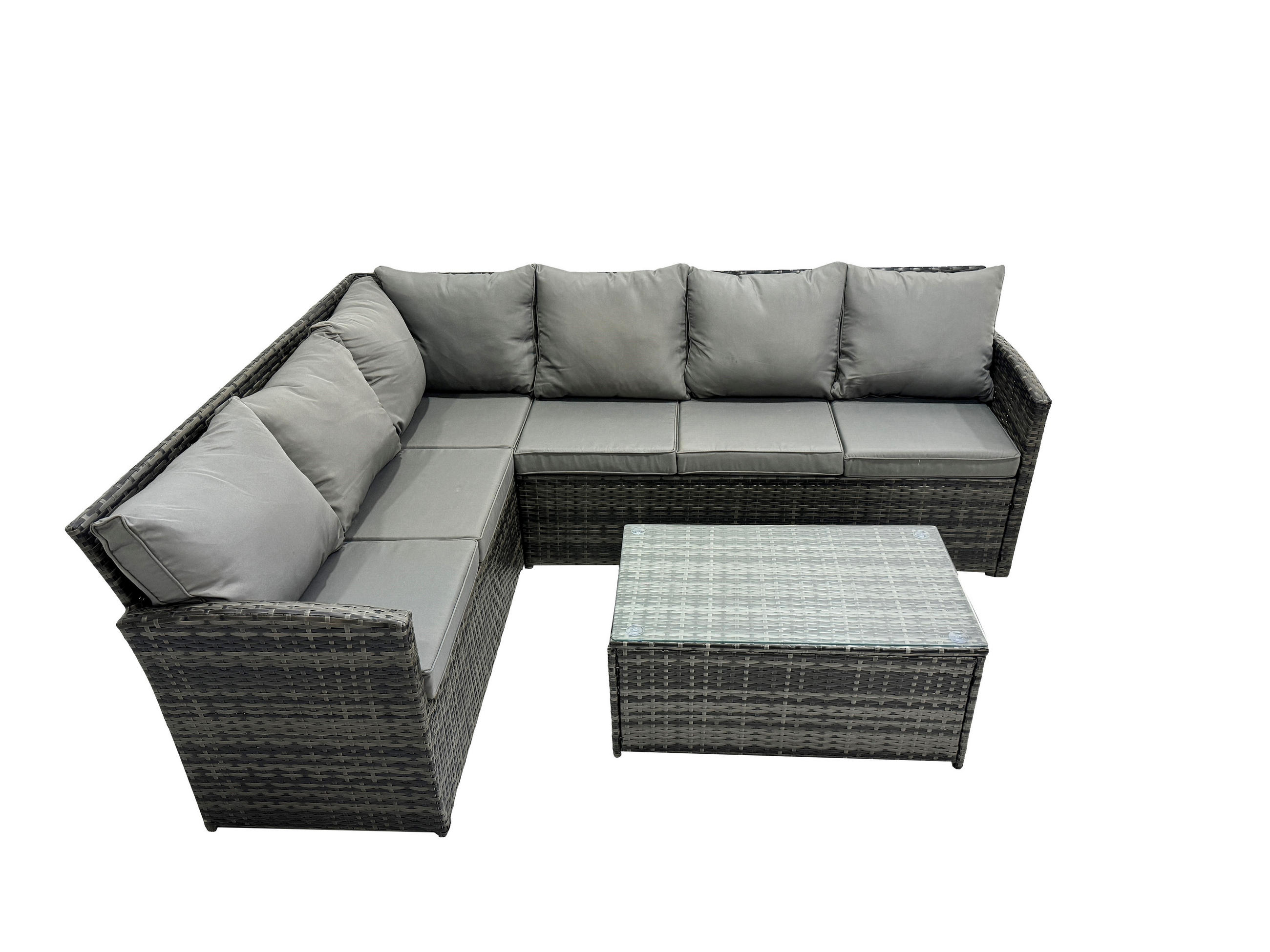 GARTENSET mit Couchtisch Polyrattan Dunkelgrau 6-Sitzer - Dunkelgrau/Grau, Glas/Kunststoff - Fimous