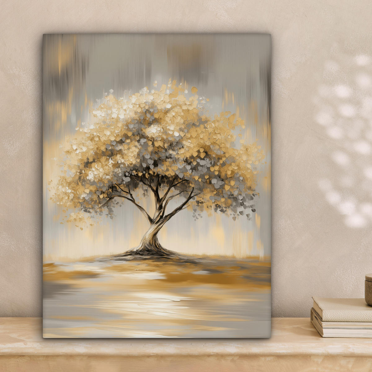 LEINWANDBILD Gemälde - Baum - Abstrakt - Blätter Room Decor 30x40 cm - Beige, Textil (30/40cm) - MuchoWow