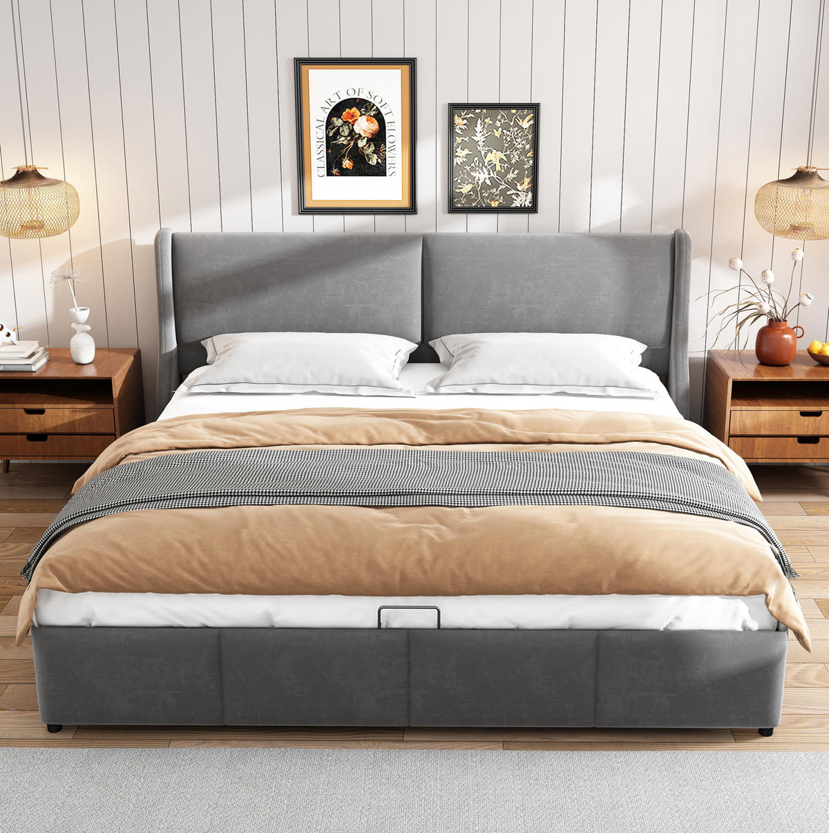 POLSTERBETT 160/200 cm Grau aus Velvet mit Bettkasten - Grau, Textil (160/200cm) - OKMYHOME