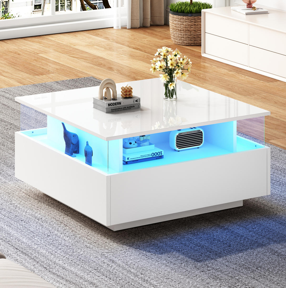 COUCHTISCH mit LED 70x70 cm Weiß mit 2 Schubladen - Weiß, Holzwerkstoff (70/70/41cm) - Meubliv