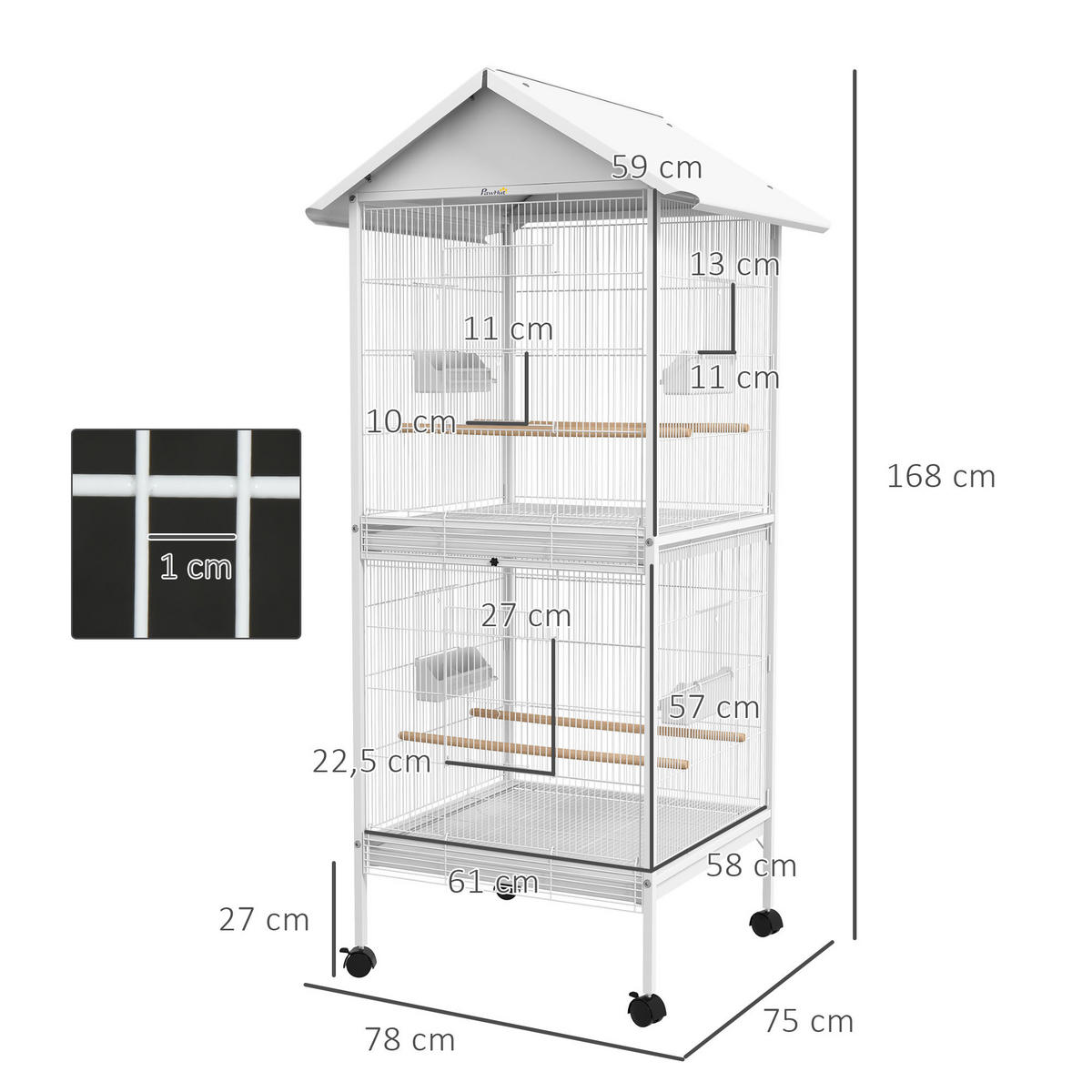 VOGELKÄFIG DE-17817 Haus-Design mit Rollen & abnehmbaren Tabletts Weiß - Weiß, Metall (75/168/78cm) - ComfortXL