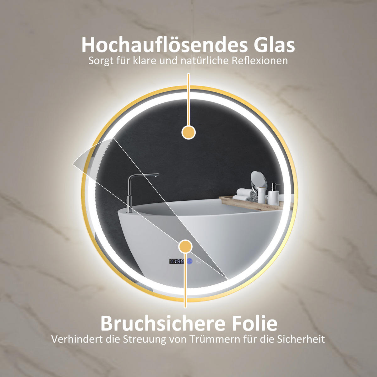 ROUNDER Badspiegel mit Beleuchtung 60 cm LED Spiegel mit Touchschalter Gold - Goldfarben, Glas (3.5/60/60cm) - HOMCOM