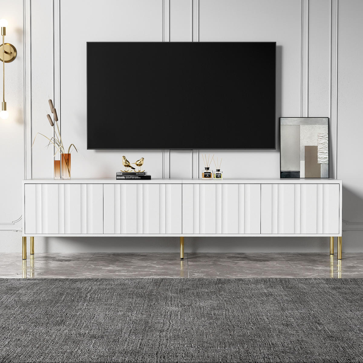 TV Lowboard 190x38x48 cm, goldene Füße, Rillenfront, Weiß - Weiß, Holz (190/48/38cm)