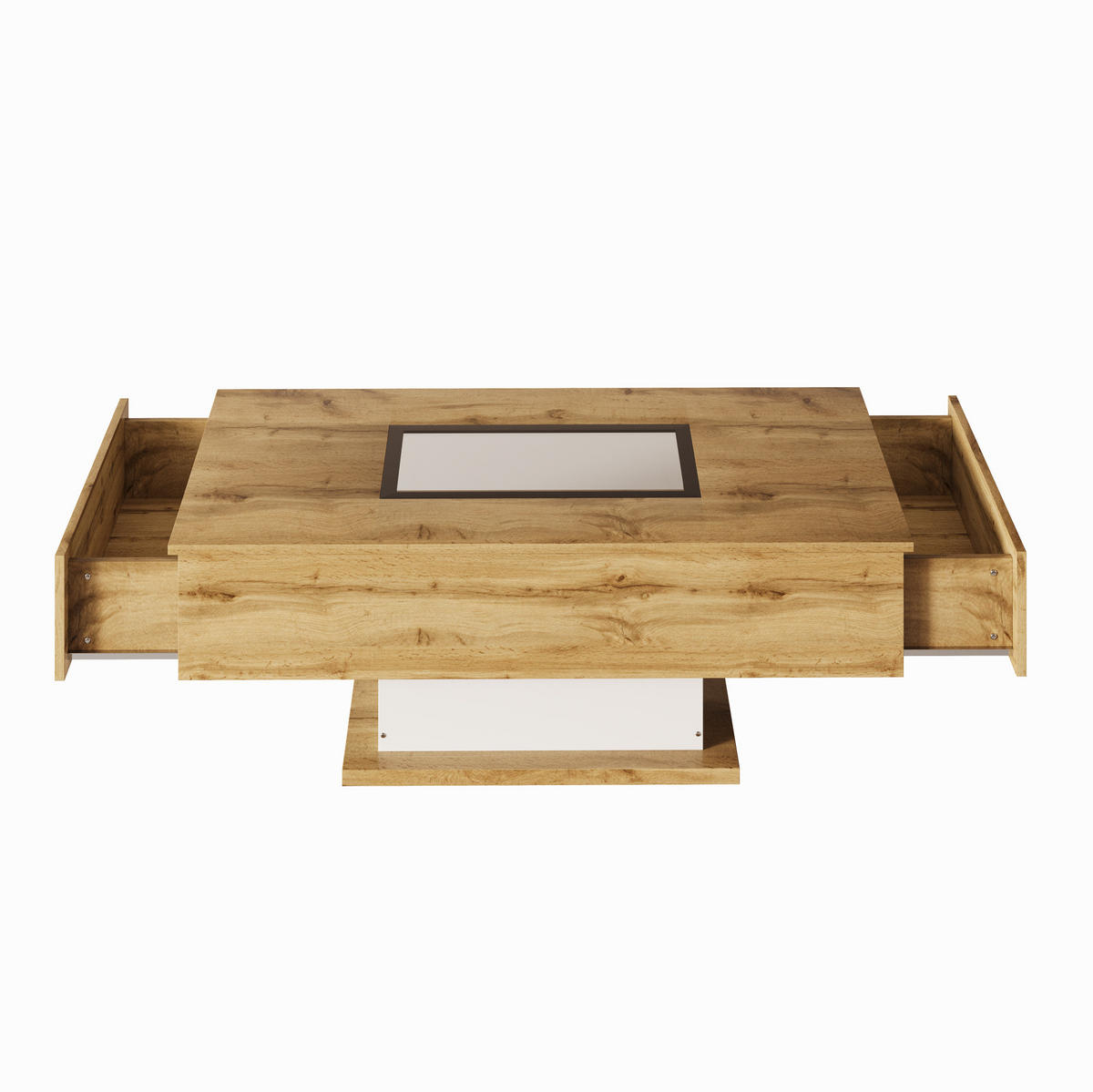 COUCHTISCH aus Spanplatte mit Glas 110,2x60x39,7 cm Natur/Weiß/Schwarz mit 2 Schubladen und LED-Beleuchtung - Naturfarben, Holzwerkstoff (110.2/60/39.7cm) - Modfu
