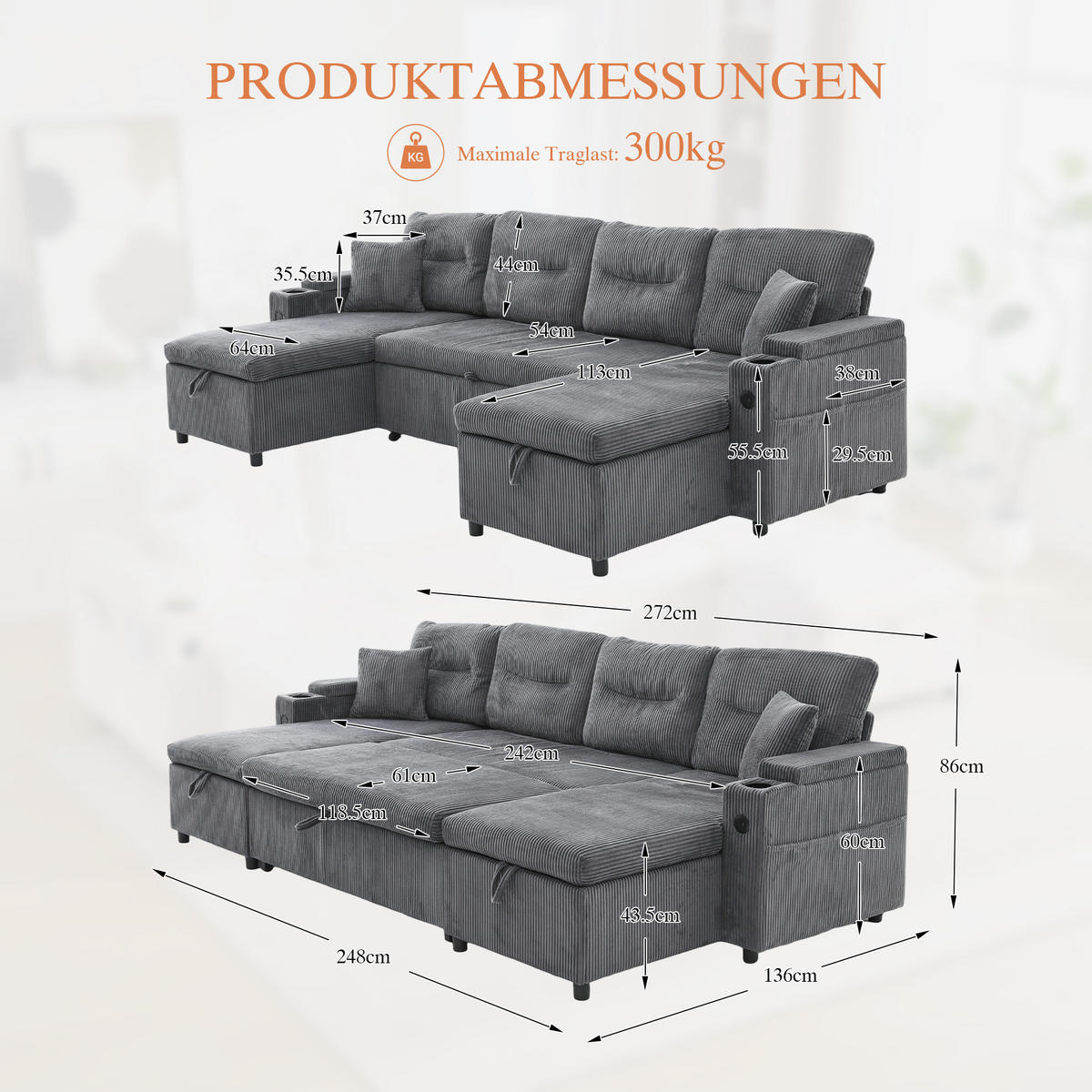 SCHLAFSOFA 4-Sitzer mit Chaiselongues, USB und Stauraum, Schwarz - Grau, Textil (272/86/136cm)