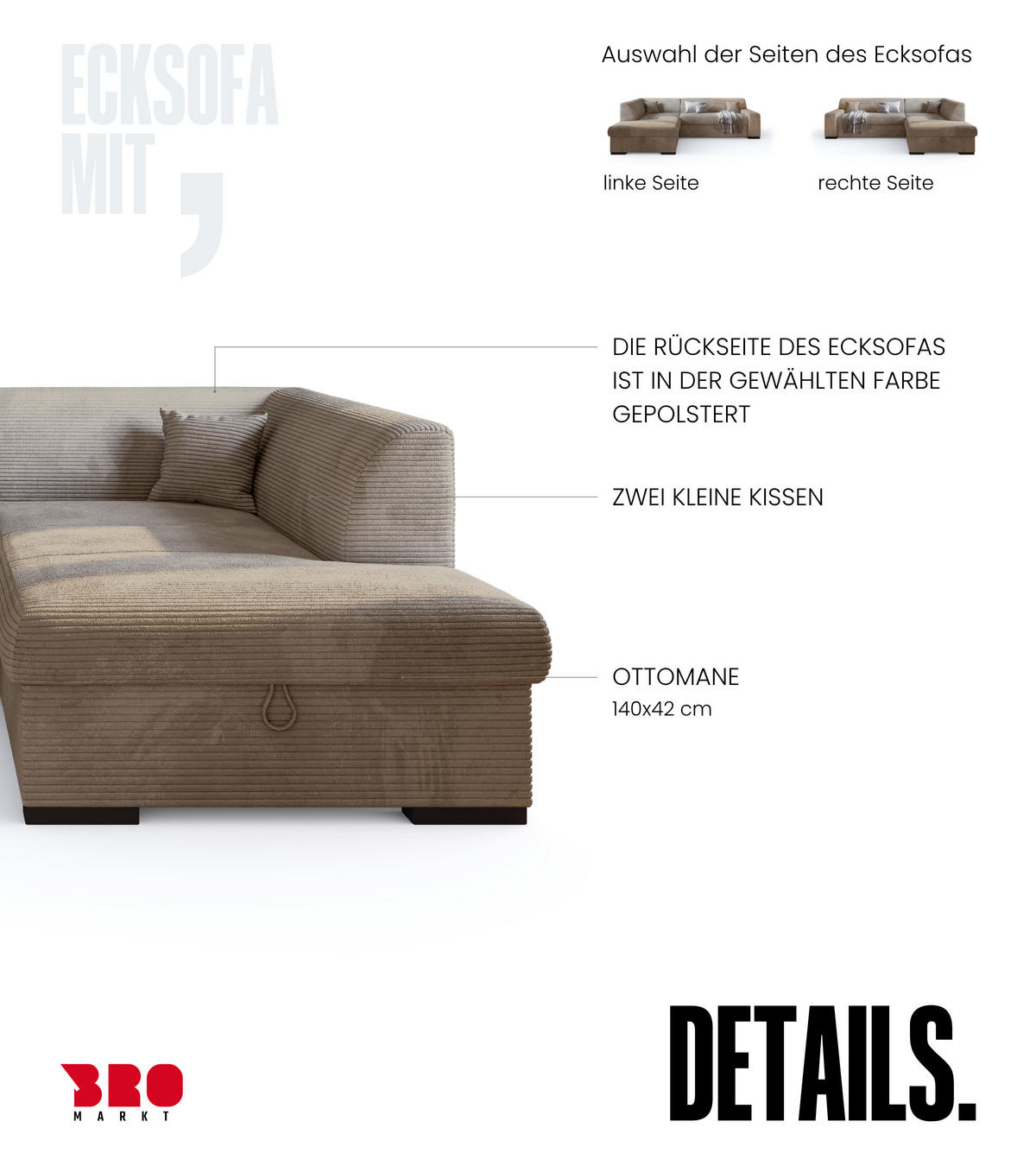 ECKSOFA mit Schlaffunktion Cordstoff MILENZO Beige Links - Beige, Holz (260/175cm) - Bromarkt