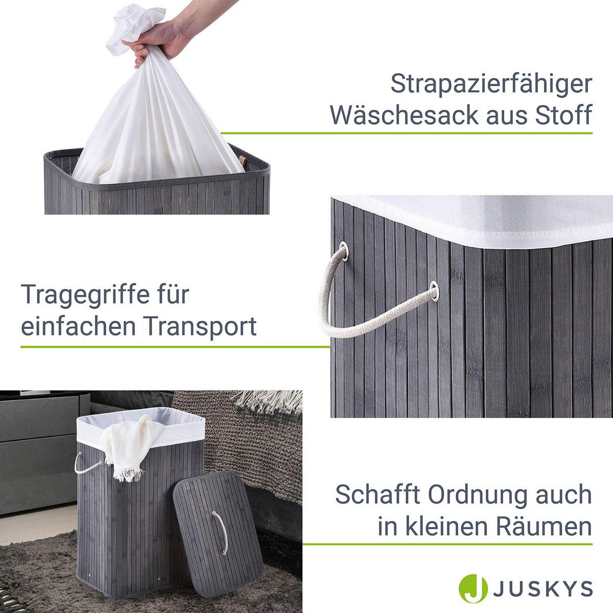 WÄSCHEKORB Curly 72 L grau - Grau, Holz (40/60/30cm) - Juskys