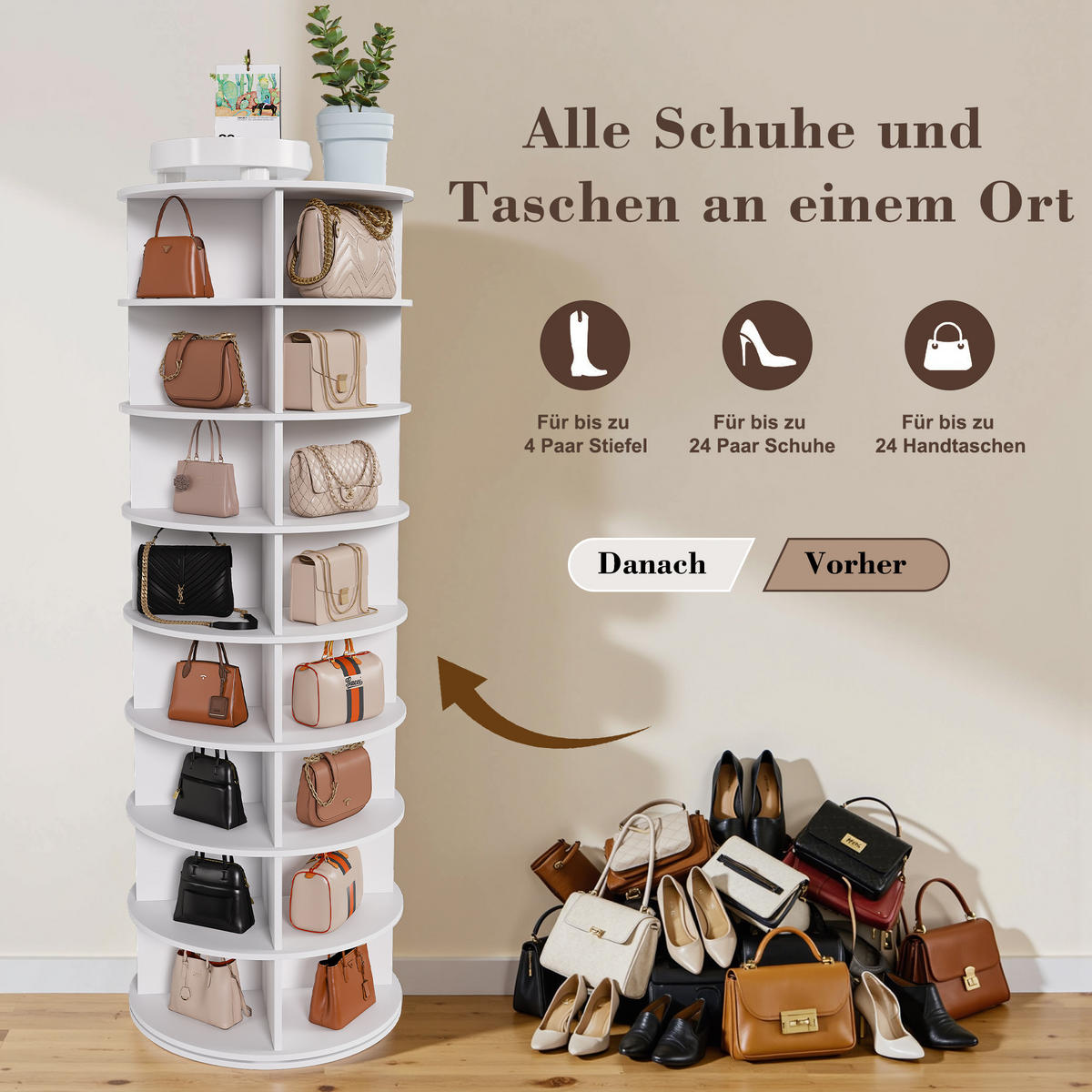 SCHUHREGAL 8 Ebenen 60/60/184 cm, drehbar in Weiß aus PVC - Weiß, Holzwerkstoff (184/60/60cm) - BEAOK