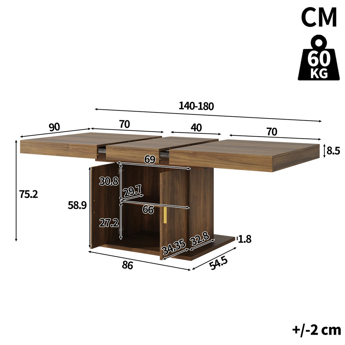 ESSTISCH ausziehbar 140-180/90/75,2 cm mit Stauraum DE-39641 Nussbaum - Walnussfarben, Holzwerkstoff (90/140/75.2cm) - ComfortXL