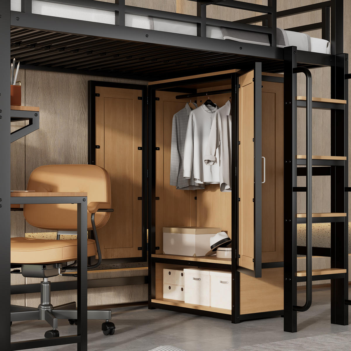 HOCHBETT 90/200 cm in Schwarz & Natur mit Kleiderschrank, Schreibtisch und Regal - Schwarz/Naturfarben, Holzwerkstoff/Metall (90/200cm) - CHICFURN